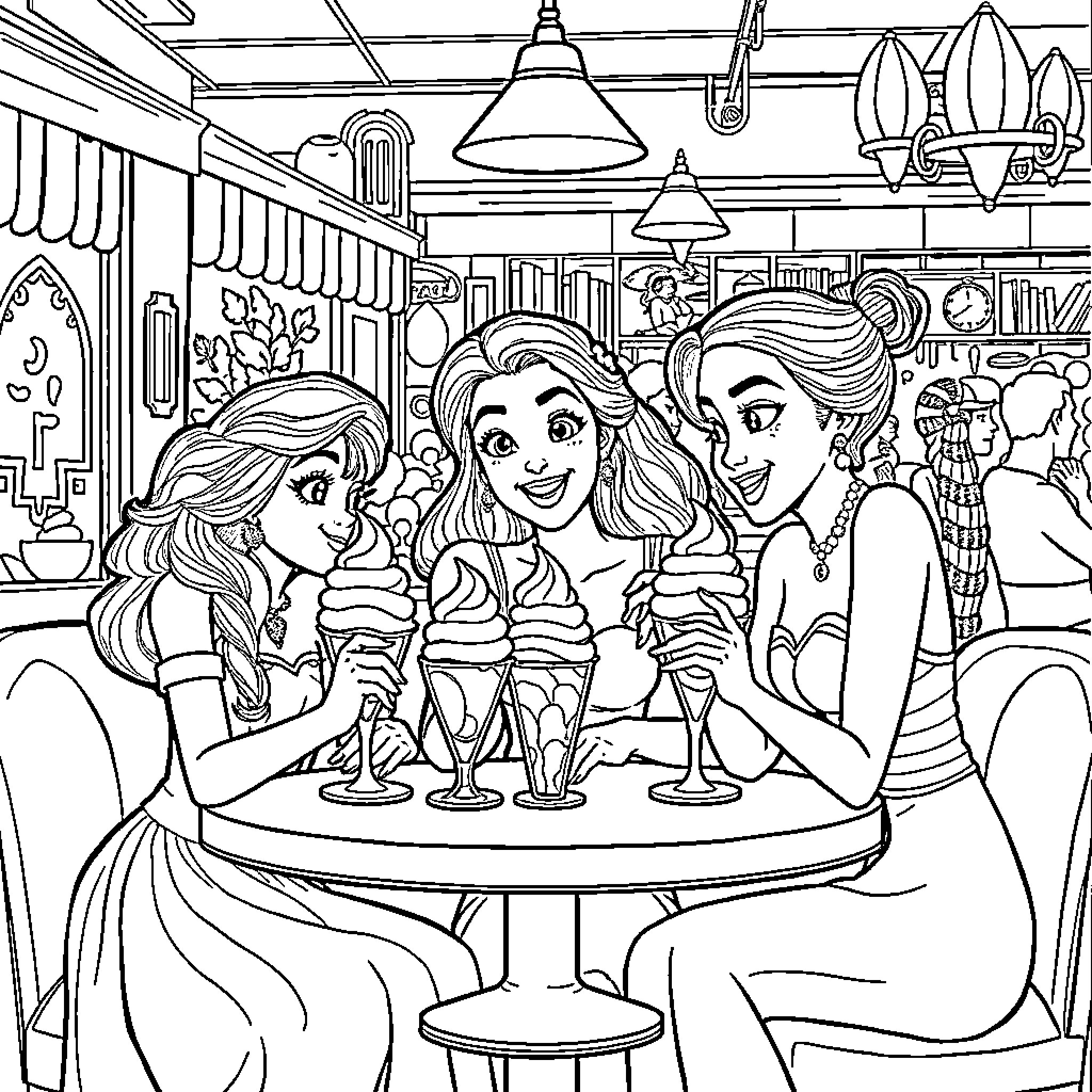 Princess Friends Enjoying Treats at Cafe Coloring Page (free black-and-white line drawing printable PDF for all, from beginners to advanced learners, including children, teens, adults, and seniors)