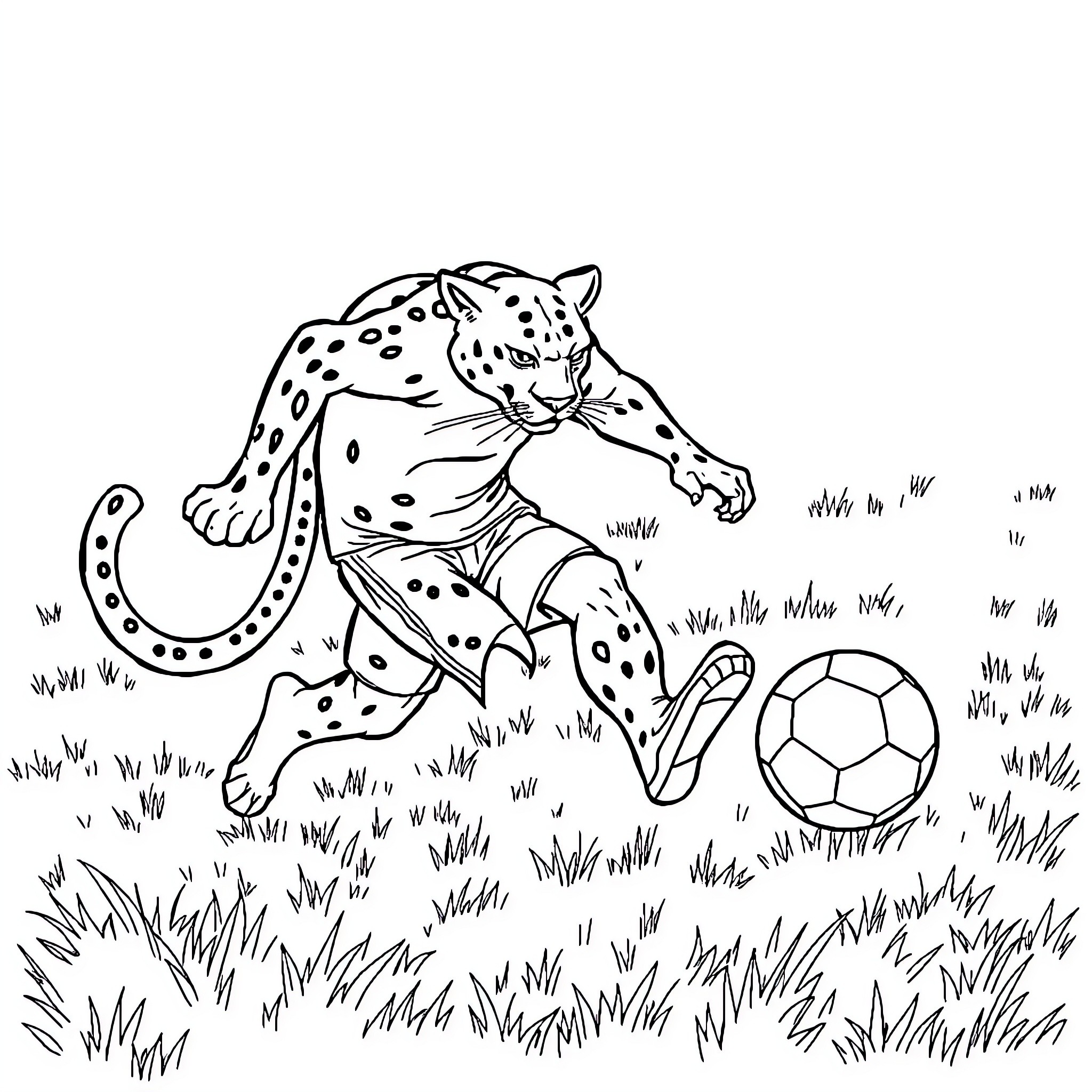 Panther playing with soccer ball in the grass Coloring Page (free black-and-white line drawing printable PDF for all, from beginners to advanced learners, including children, teens, adults, and seniors)