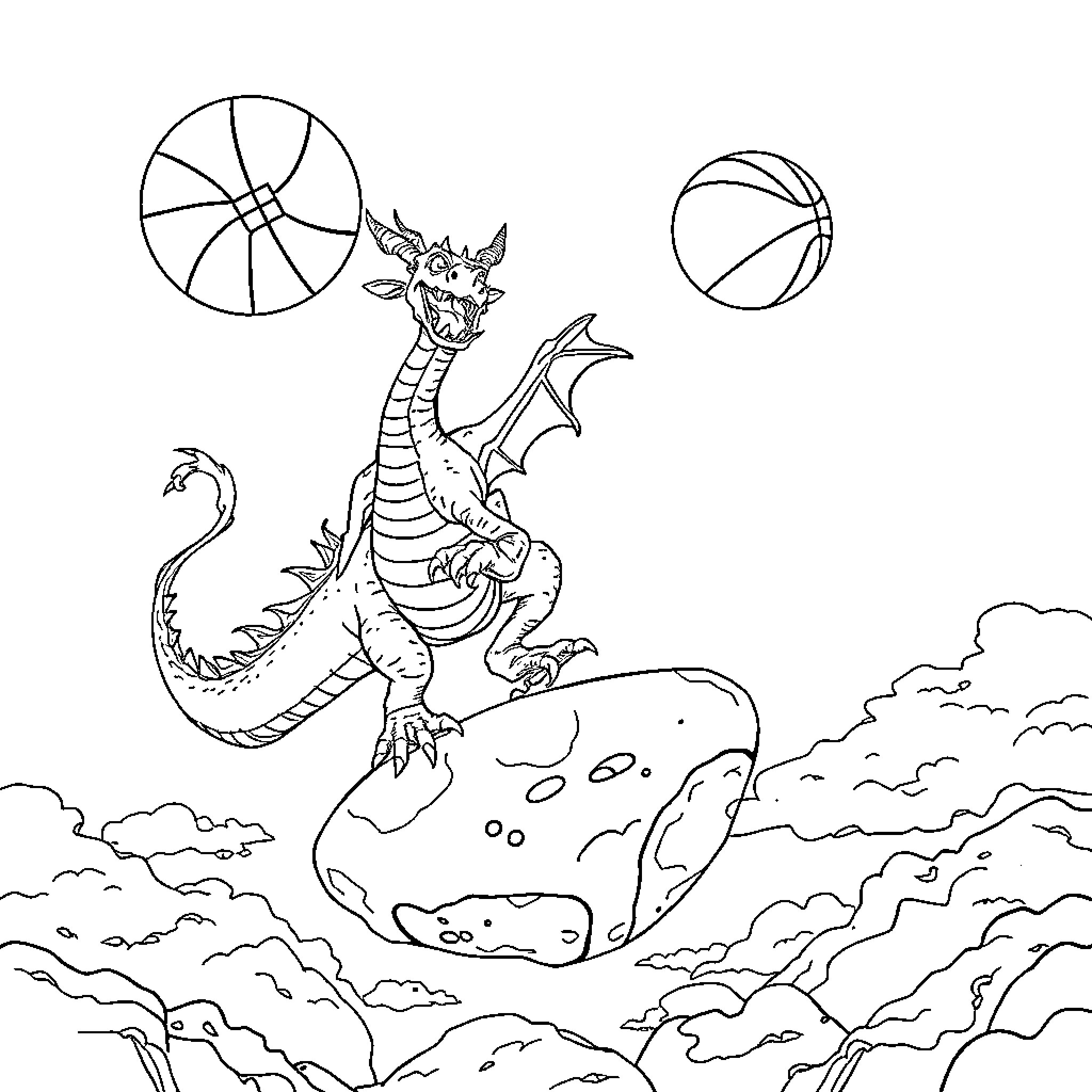 Dragon Balancing on a Floating Rock with Spheres Coloring Page (free black-and-white line drawing printable PDF for all, from beginners to advanced learners, including children, teens, adults, and seniors)
