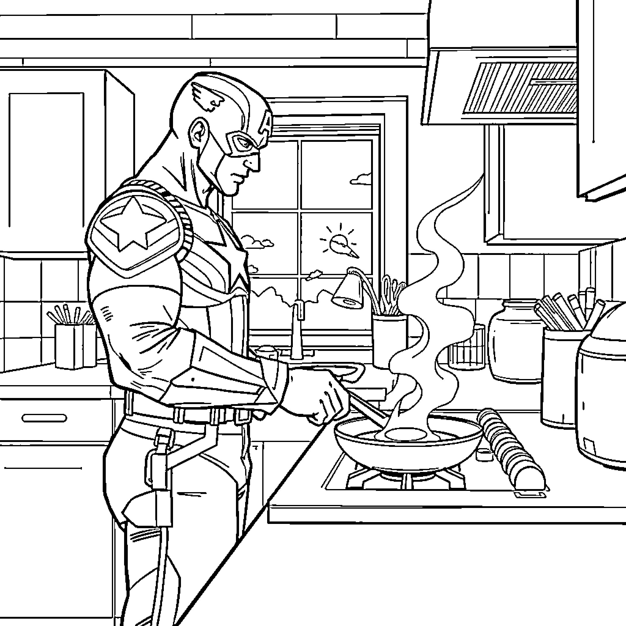 Captain America Cooking in the Kitchen Coloring Page (free black-and-white line drawing printable PDF for all, from beginners to advanced learners, including children, teens, adults, and seniors)