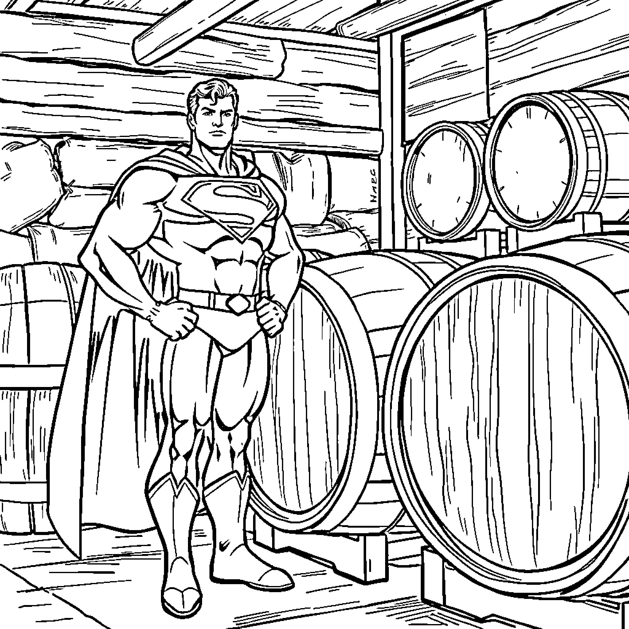 Superman in heroic pose in a wine cellar Coloring Page (free black-and-white line drawing printable PDF for all, from beginners to advanced learners, including children, teens, adults, and seniors)