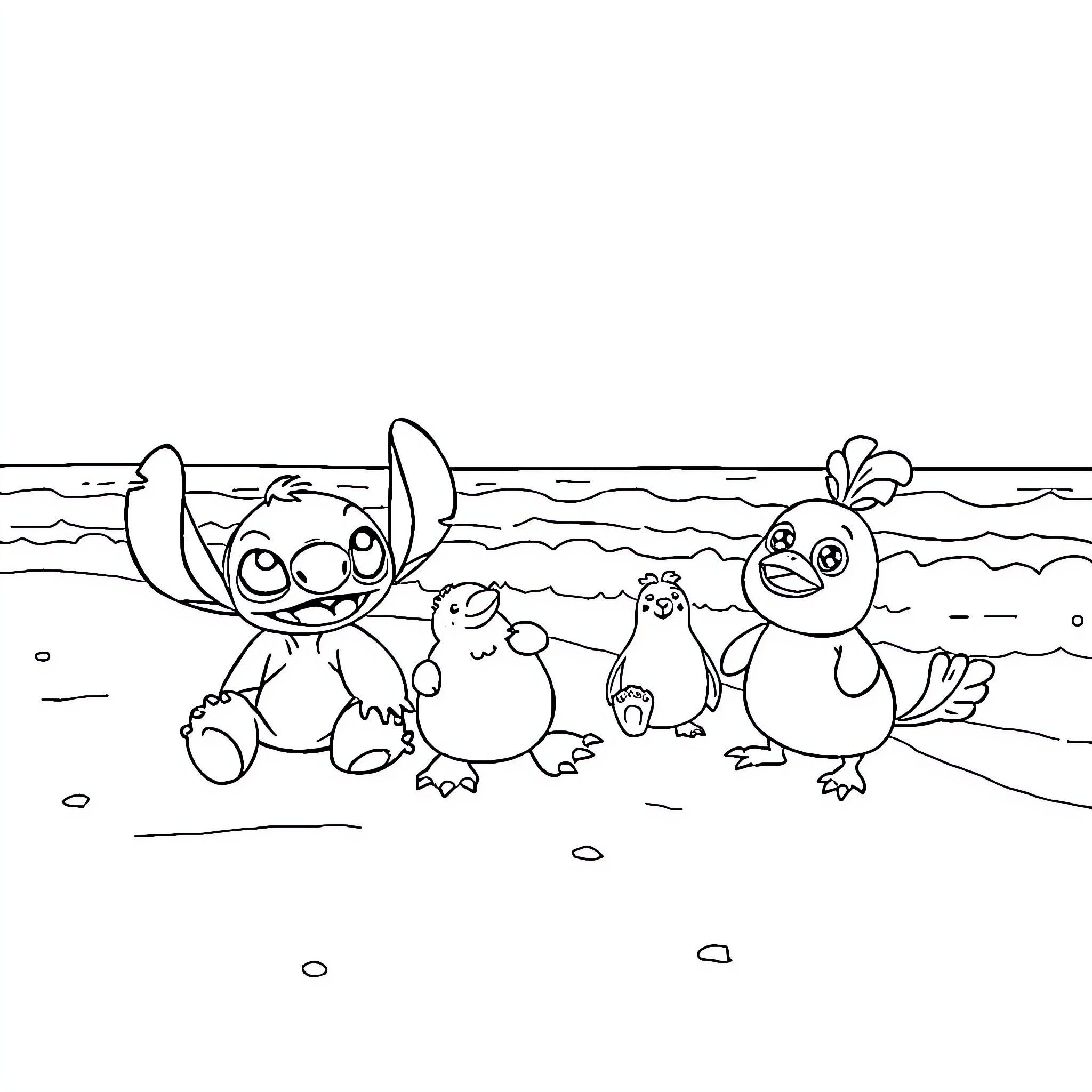 Stitch playing with friends on the beach Coloring Page (free black-and-white line drawing printable PDF for all, from beginners to advanced learners, including children, teens, adults, and seniors)