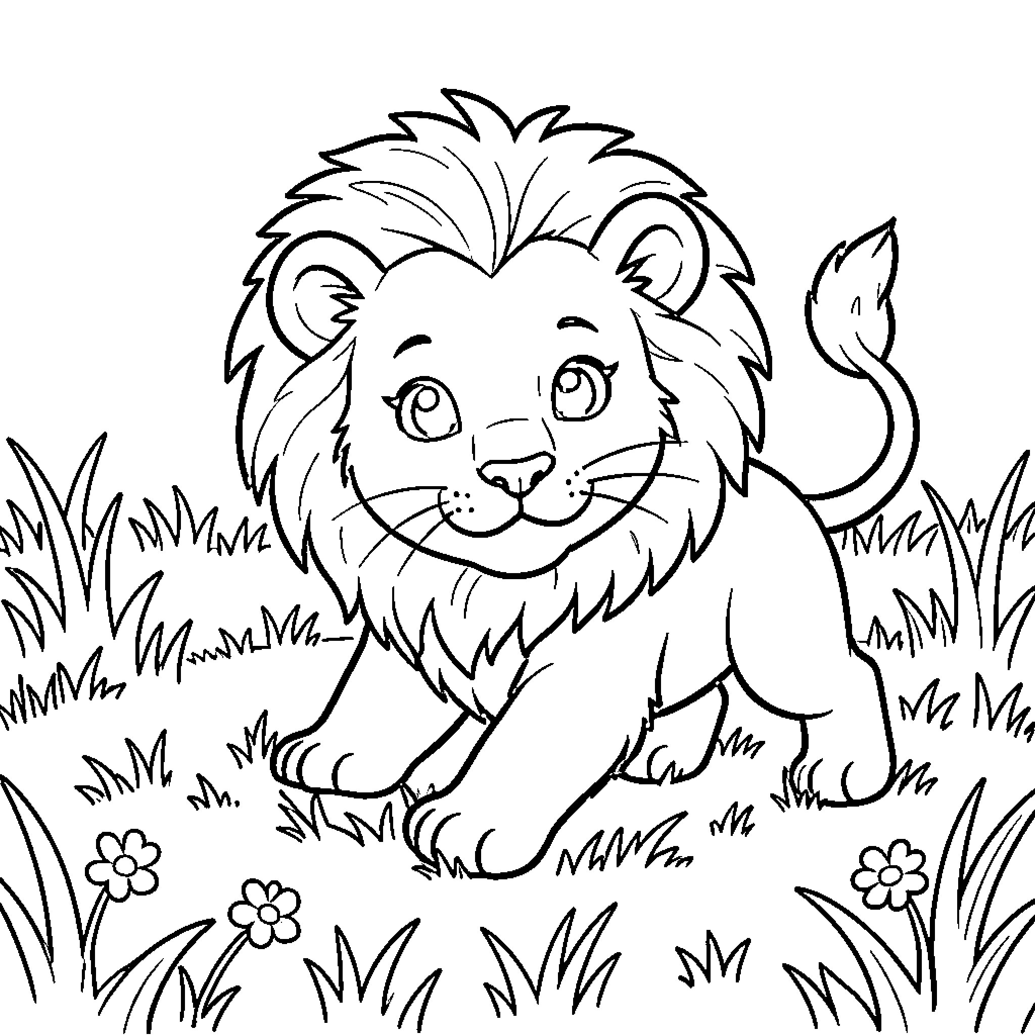 Lion exploring the enchanting meadow Coloring Page (free black-and-white line drawing printable PDF for all, from beginners to advanced learners, including children, teens, adults, and seniors)