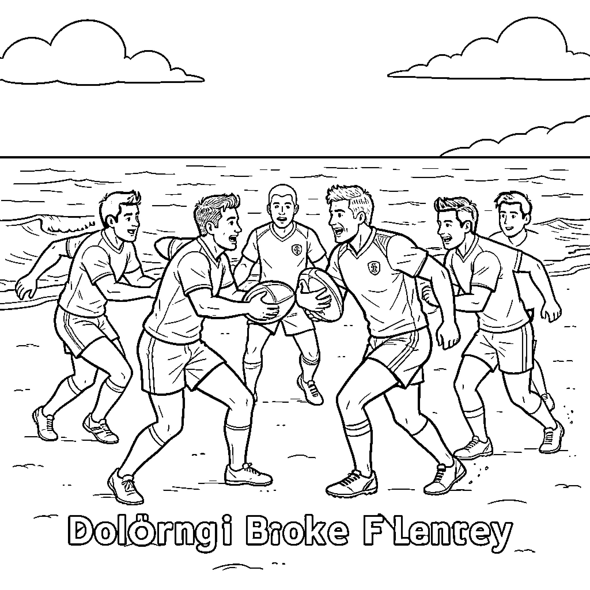 Rugby players running and playing on the beach Coloring Page (free black-and-white line drawing printable PDF for all, from beginners to advanced learners, including children, teens, adults, and seniors)