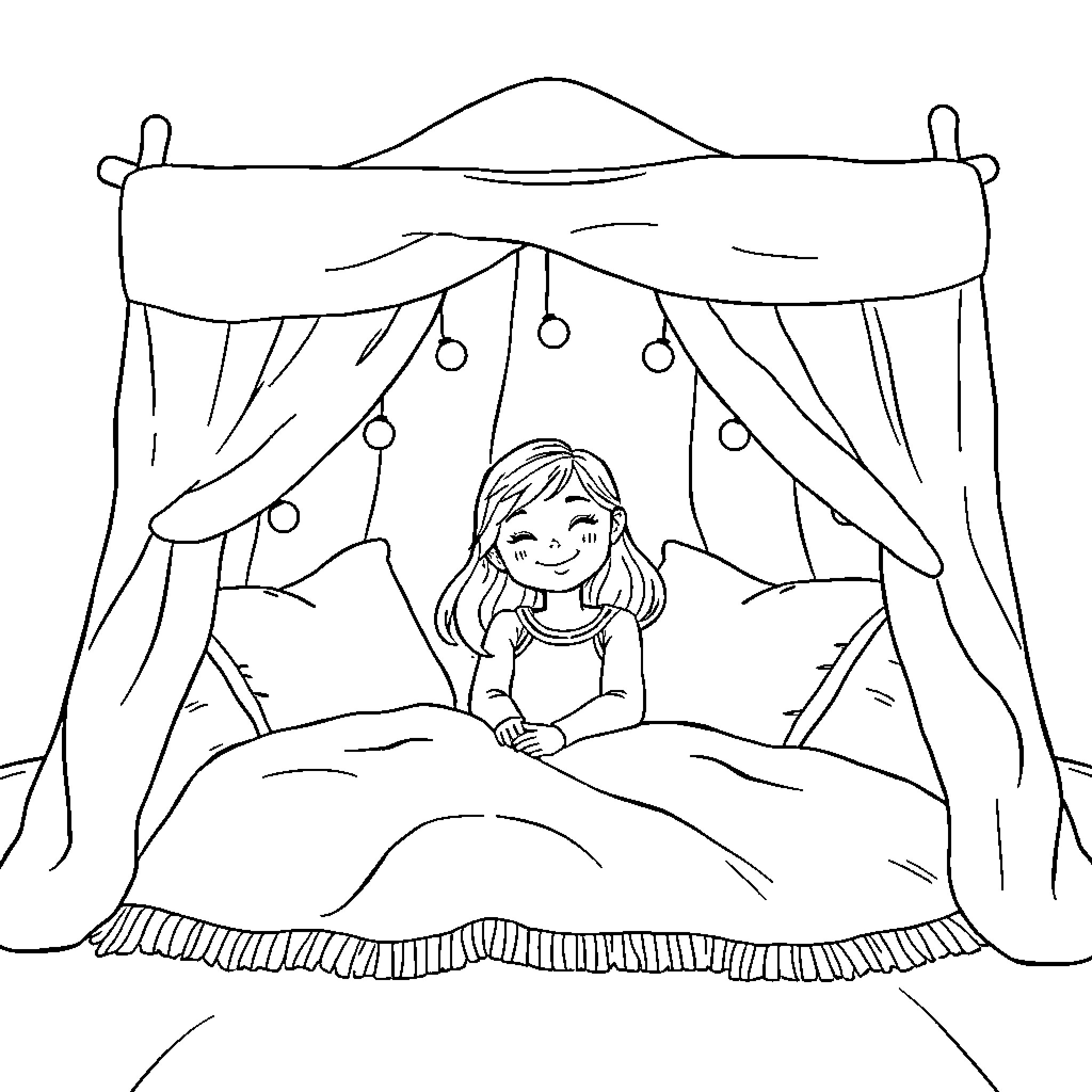 Fort of Cozy Dreams and Playful Imagination Coloring Page (free black-and-white line drawing printable PDF for all, from beginners to advanced learners, including children, teens, adults, and seniors)
