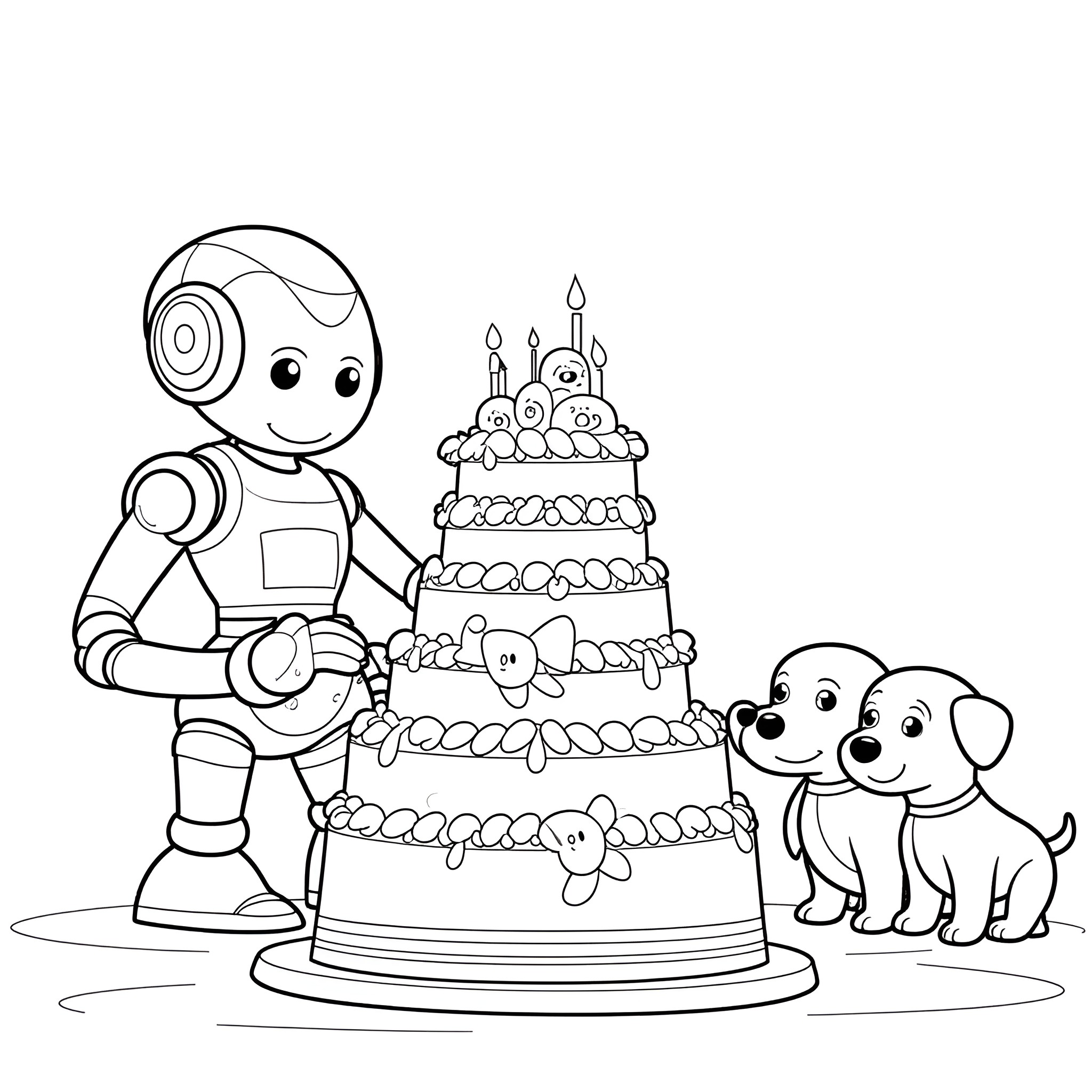 Robot decorates a birthday cake with pets Coloring Page (free black-and-white line drawing printable PDF for all, from beginners to advanced learners, including children, teens, adults, and seniors)