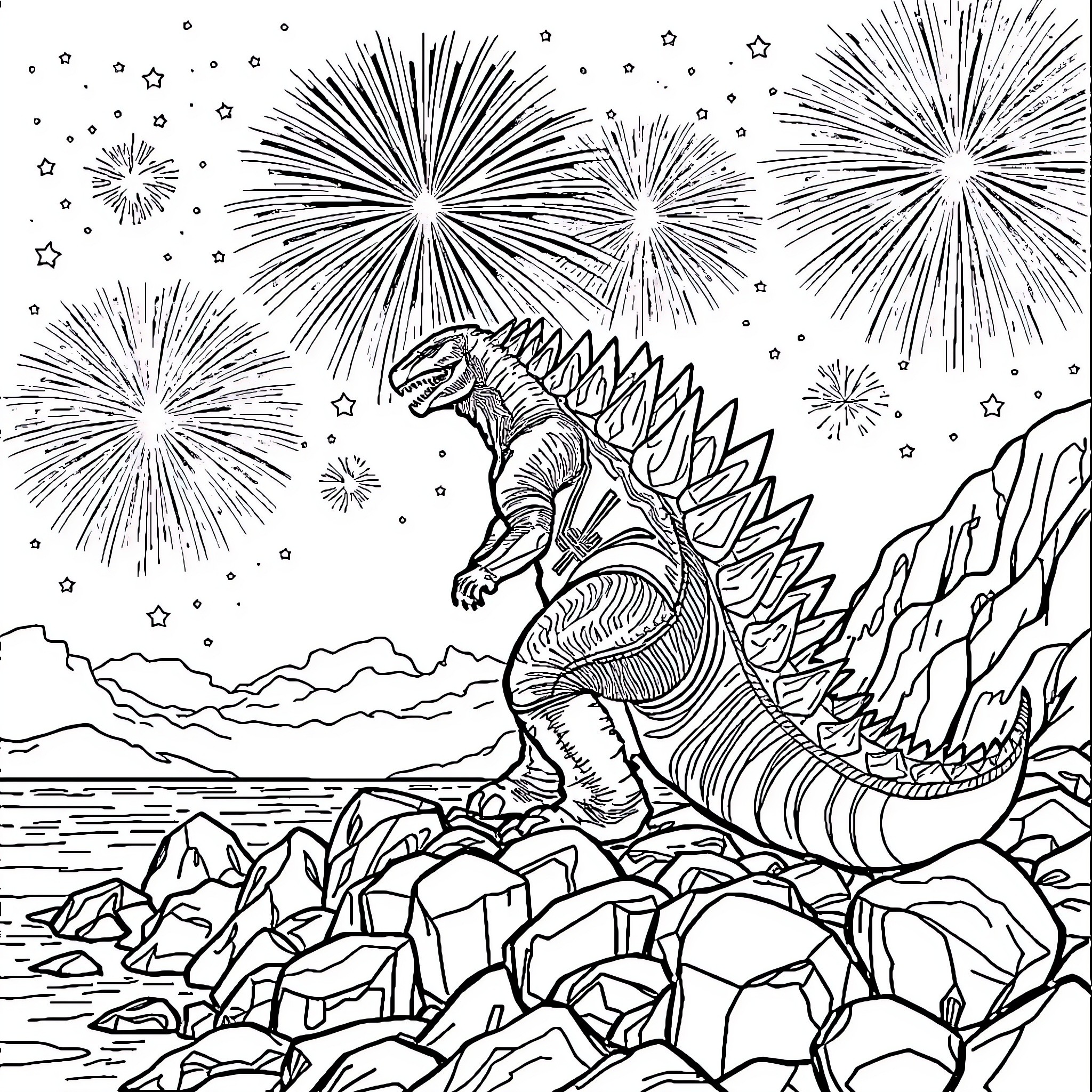 Godzilla destroys landscape amid dazzling fireworks Coloring Page (free black-and-white line drawing printable PDF for all, from beginners to advanced learners, including children, teens, adults, and seniors)