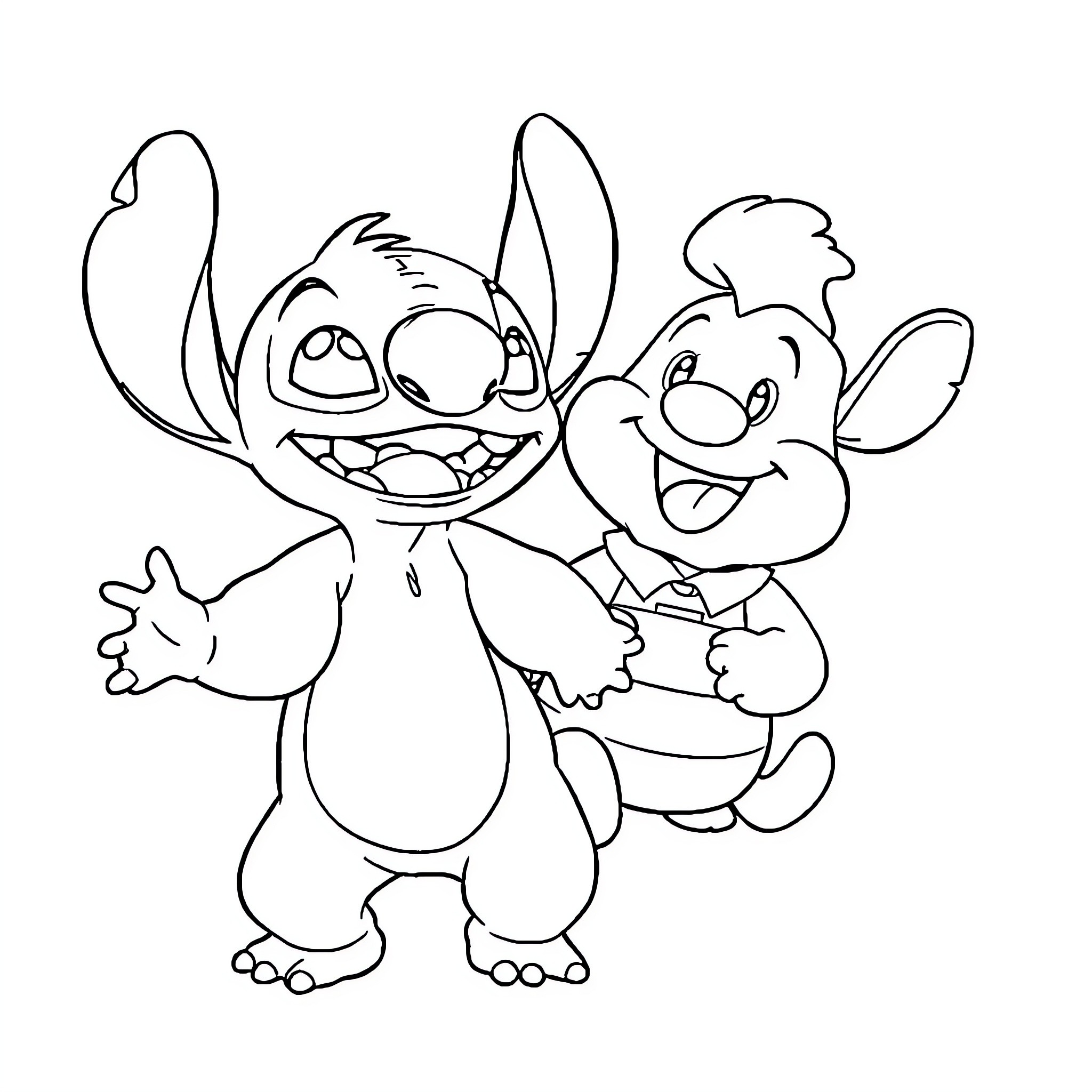 Stitch and Experiment 626 Engage in Playful Antics Coloring Page (free black-and-white line drawing printable PDF for all, from beginners to advanced learners, including children, teens, adults, and seniors)