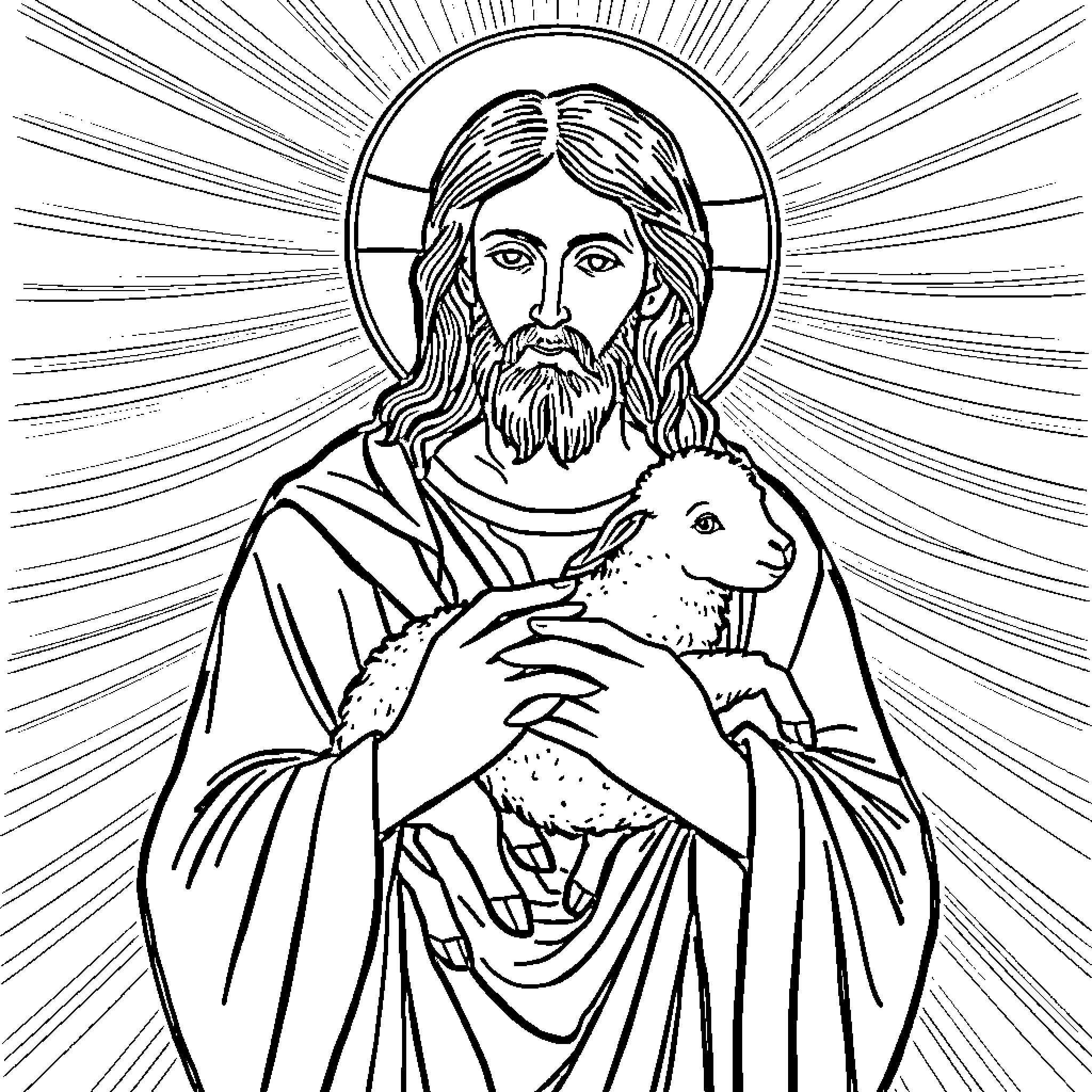Jesus Christ holding a lamb in a radiant scene Coloring Page (free black-and-white line drawing printable PDF for all, from beginners to advanced learners, including children, teens, adults, and seniors)