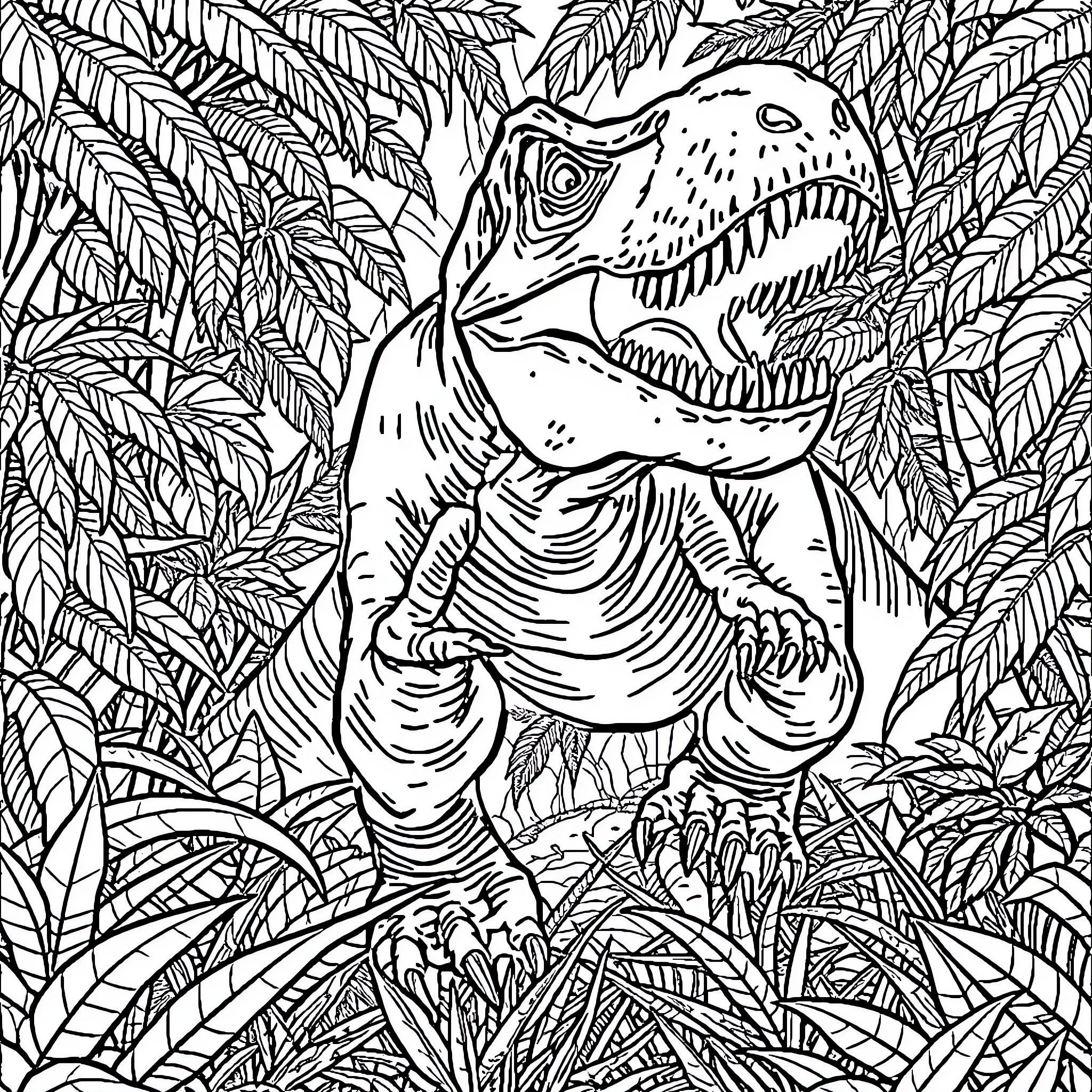 Tyrannosaurus roaming through the lush jungle Coloring Page (free black-and-white line drawing printable PDF for all, from beginners to advanced learners, including children, teens, adults, and seniors)