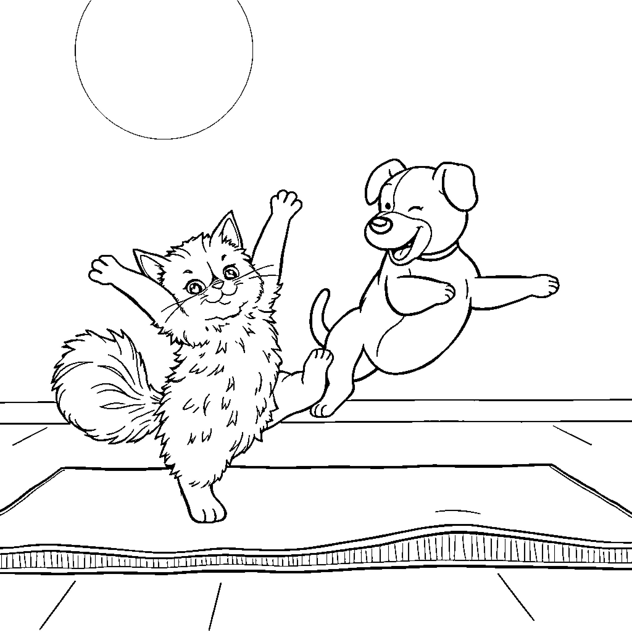 Cat and Dog playing together joyfully Coloring Page (free black-and-white line drawing printable PDF for all, from beginners to advanced learners, including children, teens, adults, and seniors)