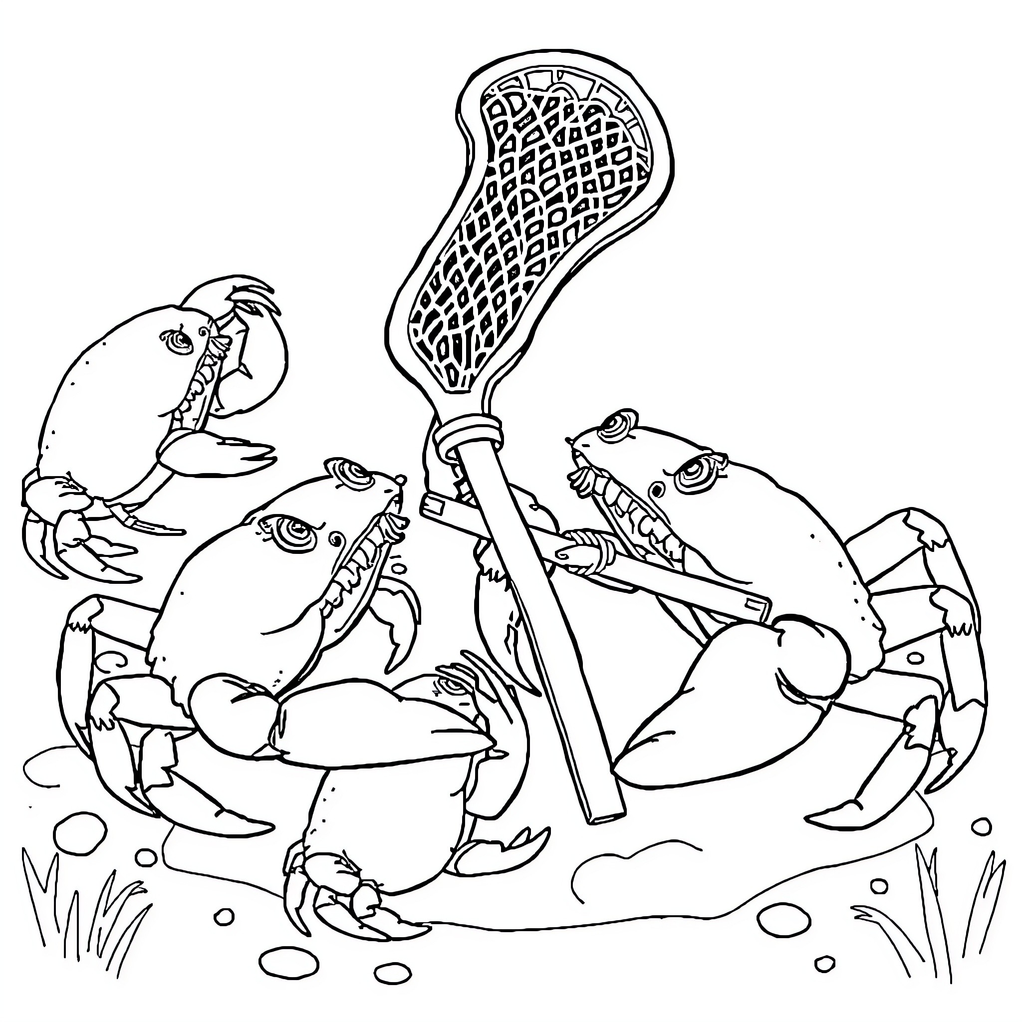 Crabs Playing with Lacrosse Stick in Pond Coloring Page (free black-and-white line drawing printable PDF for all, from beginners to advanced learners, including children, teens, adults, and seniors)