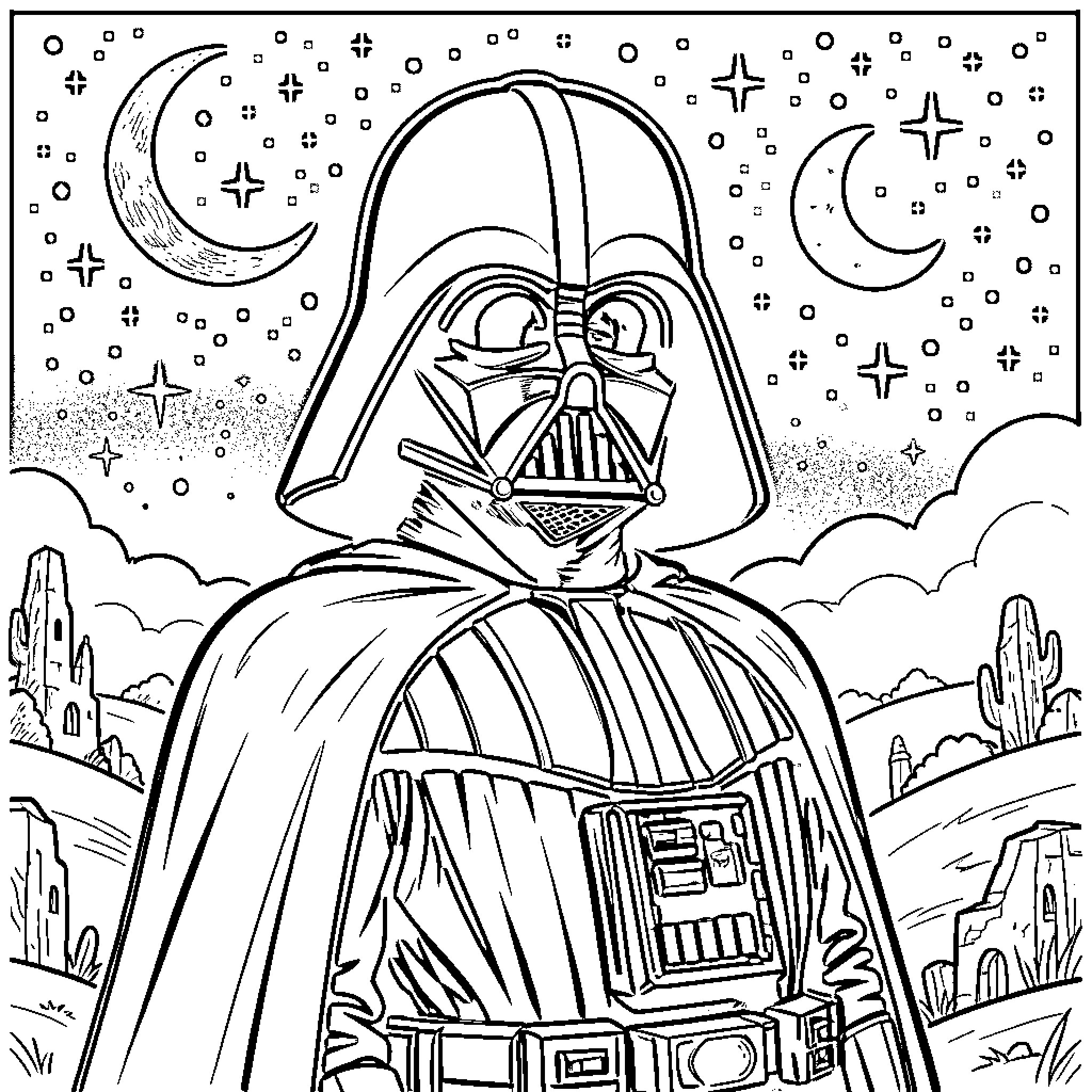 Darth Vader under the starry night sky Coloring Page (free black-and-white line drawing printable PDF for all, from beginners to advanced learners, including children, teens, adults, and seniors)