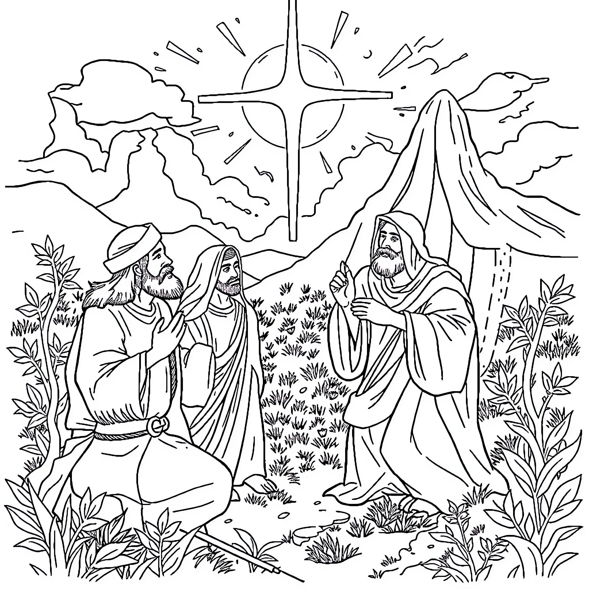 Bible Story of Religious Figures in Outdoor Setting Coloring Page (free black-and-white line drawing printable PDF for all, from beginners to advanced learners, including children, teens, adults, and seniors)