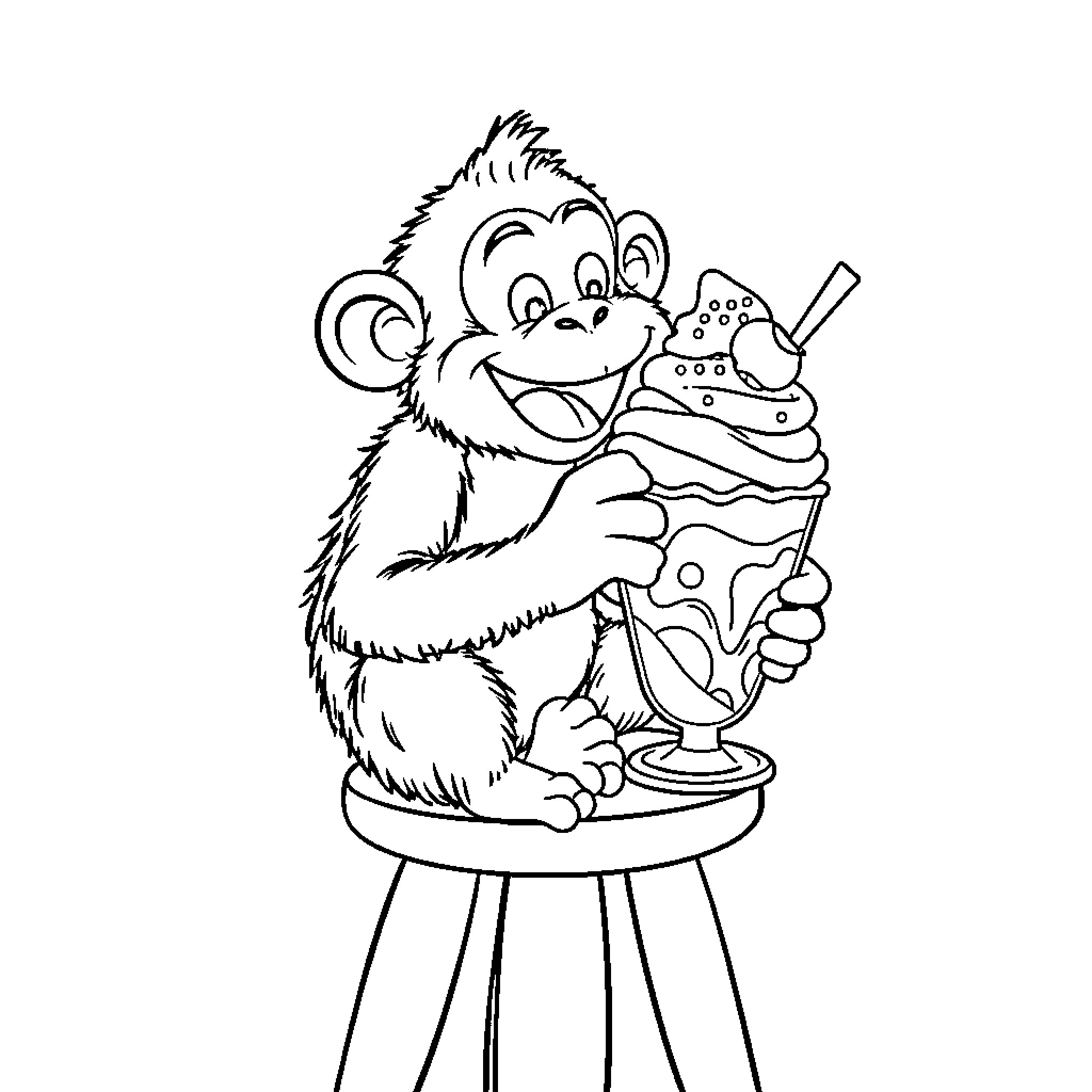 Monkey Enjoying a Tasty Ice Cream Treat Coloring Page (free black-and-white line drawing printable PDF for all, from beginners to advanced learners, including children, teens, adults, and seniors)