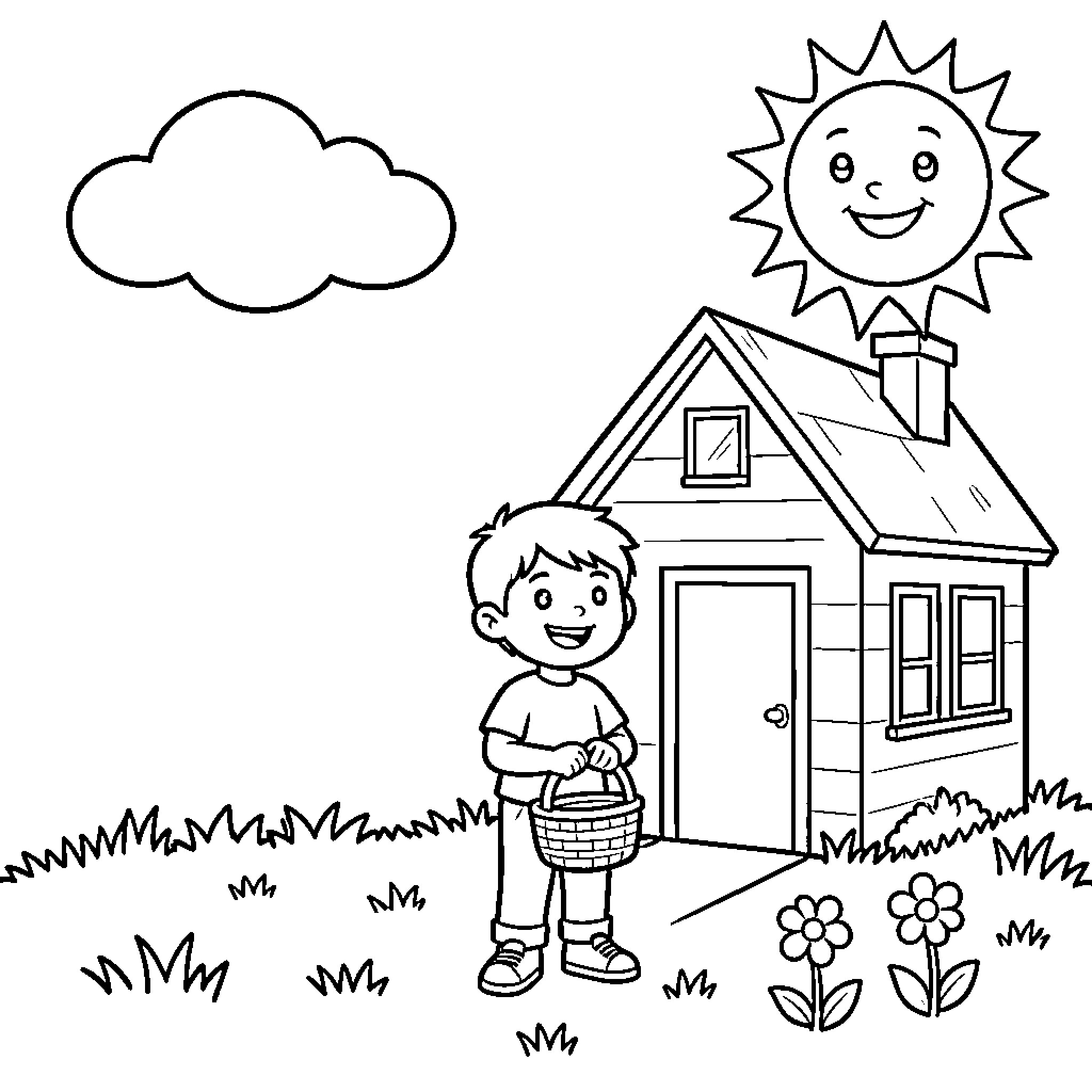 Boy carrying basket outside his home Coloring Page (free black-and-white line drawing printable PDF for all, from beginners to advanced learners, including children, teens, adults, and seniors)