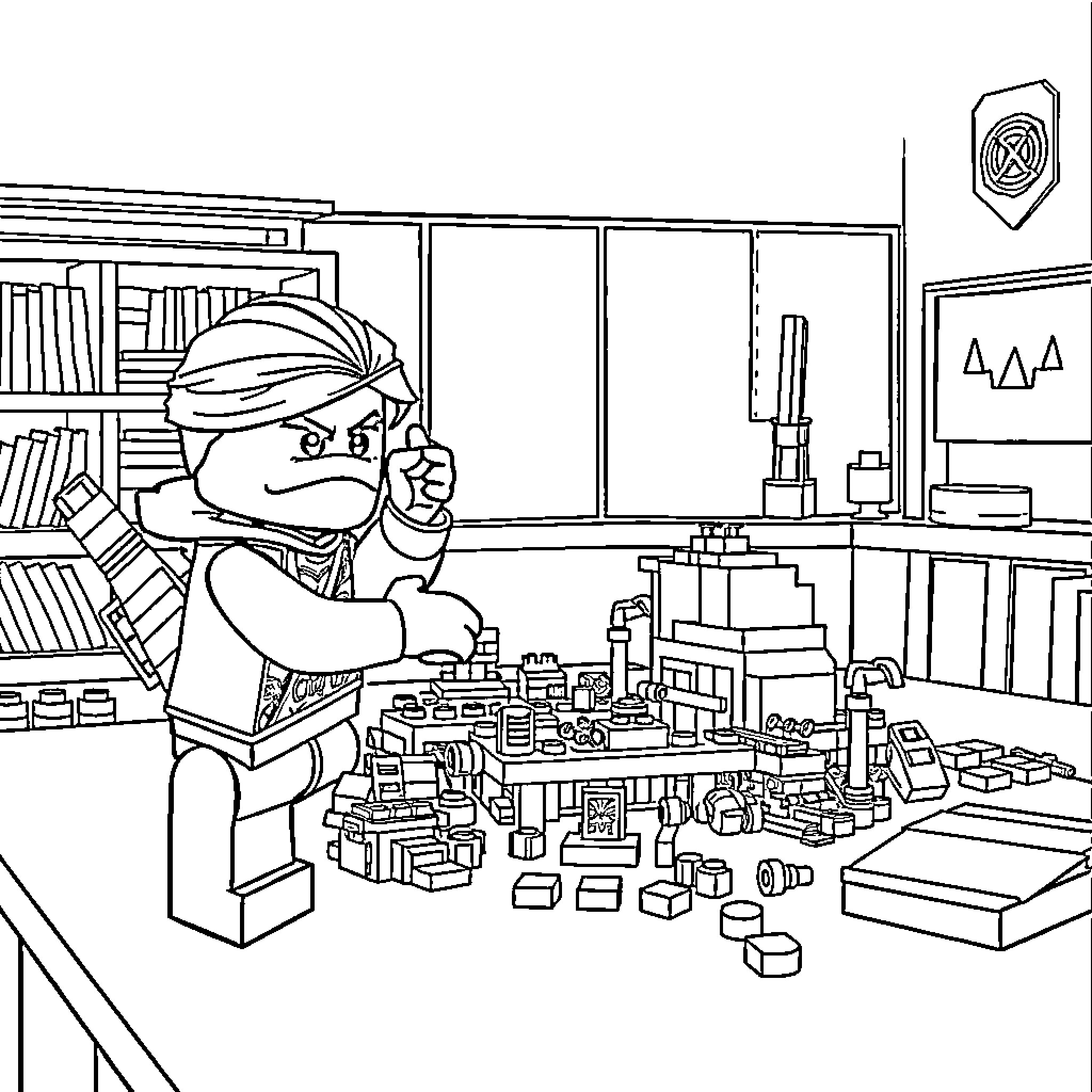Lloyd's Chaotic Brick Collection Coloring Page (free black-and-white line drawing printable PDF for all, from beginners to advanced learners, including children, teens, adults, and seniors)