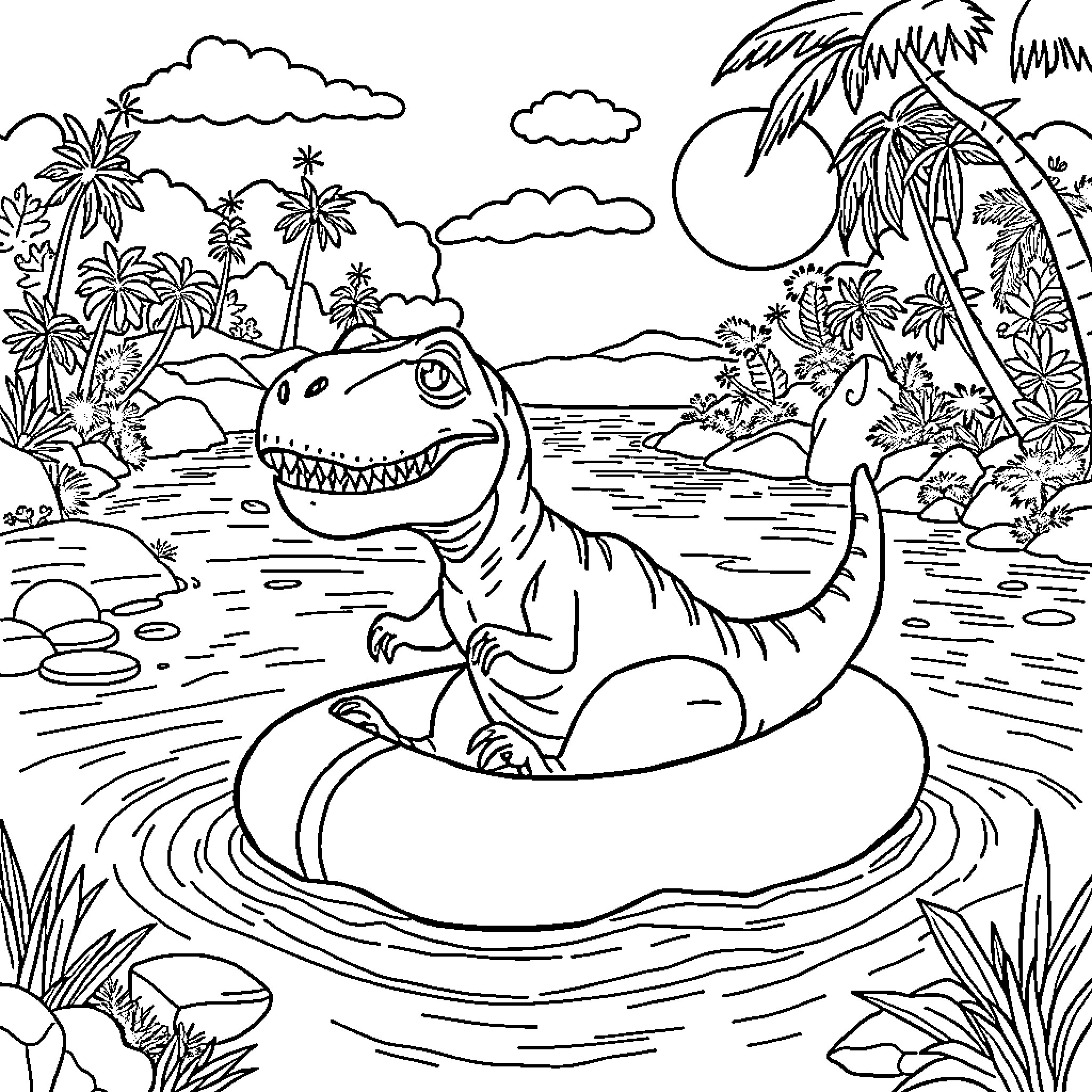 Tyrannosaurus Rex Relaxing in Tropical Waterway Coloring Page (free black-and-white line drawing printable PDF for all, from beginners to advanced learners, including children, teens, adults, and seniors)