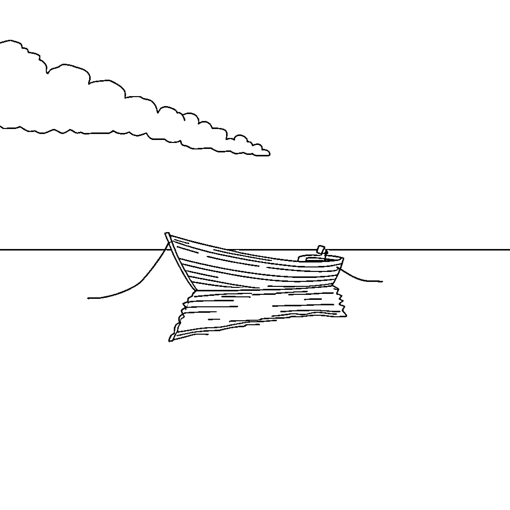 Boat resting on still waters Coloring Page (free black-and-white line drawing printable PDF for all, from beginners to advanced learners, including children, teens, adults, and seniors)