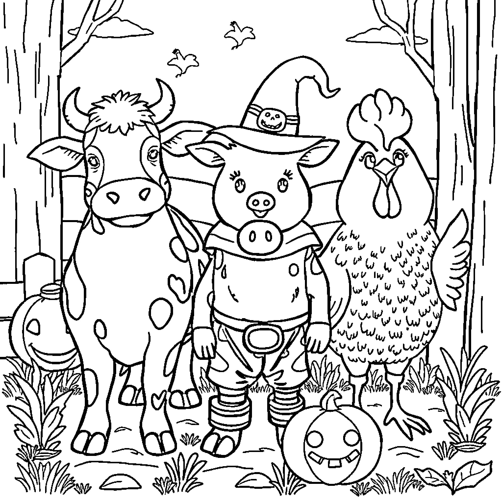 Farm Animal Friends Dress Up for a Spooky Celebration Coloring Page (free black-and-white line drawing printable PDF for all, from beginners to advanced learners, including children, teens, adults, and seniors)