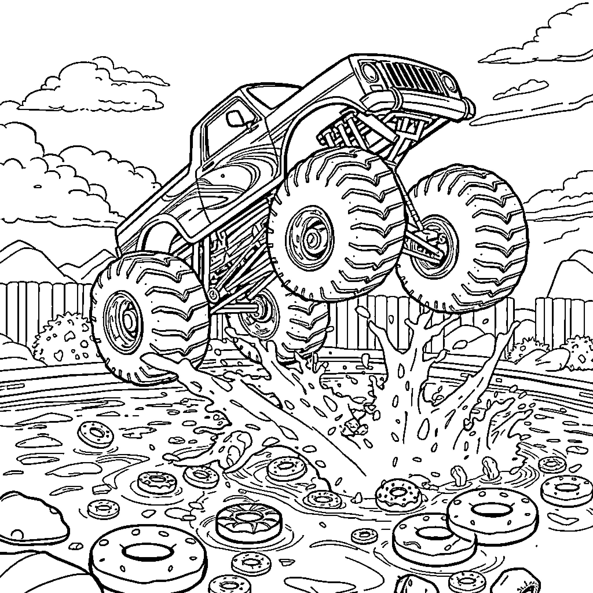 Monster Truck Crushing Through the Muddy Landscape Coloring Page (free black-and-white line drawing printable PDF for all, from beginners to advanced learners, including children, teens, adults, and seniors)