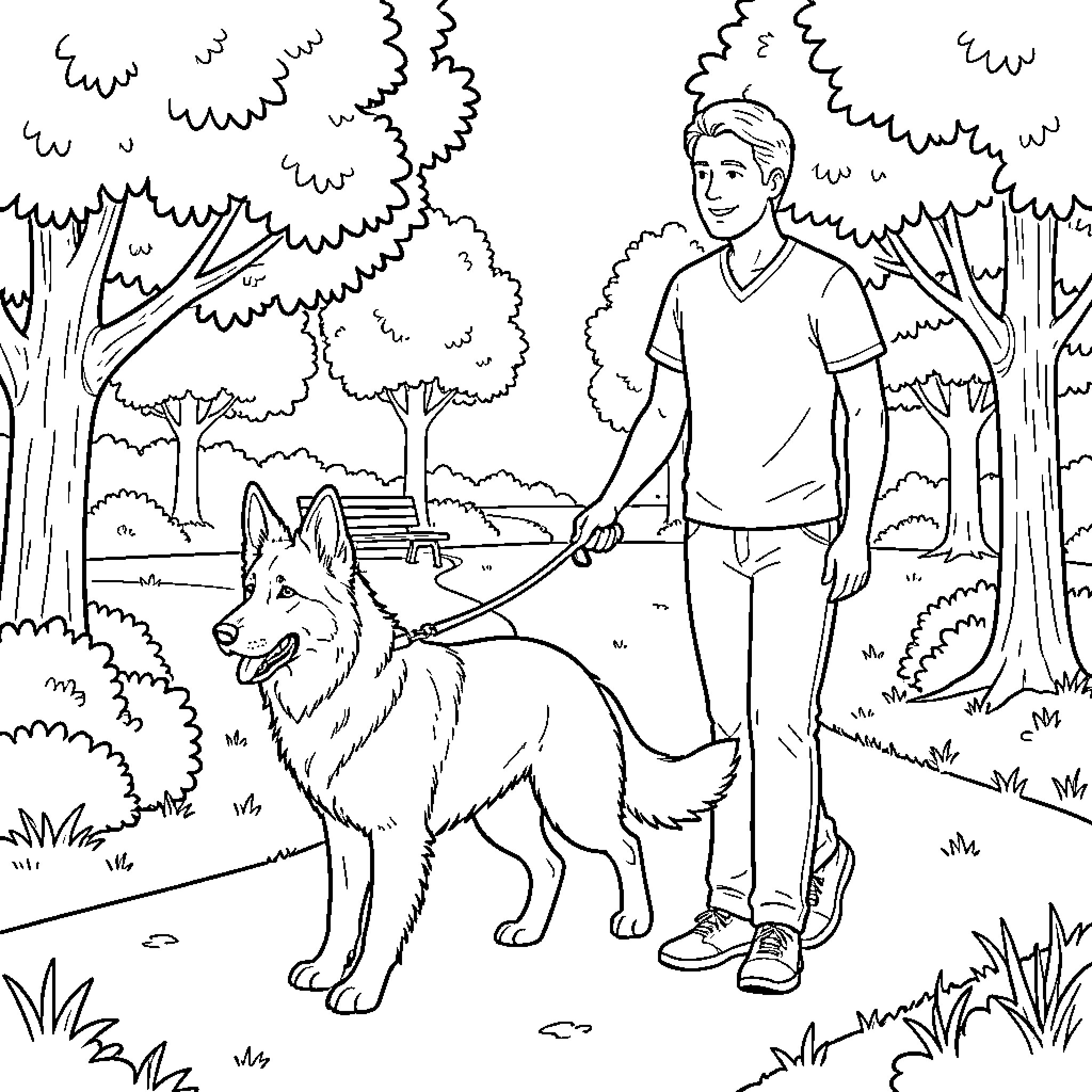 Dutch Shepherd being walked by a man in a park Coloring Page (free black-and-white line drawing printable PDF for all, from beginners to advanced learners, including children, teens, adults, and seniors)