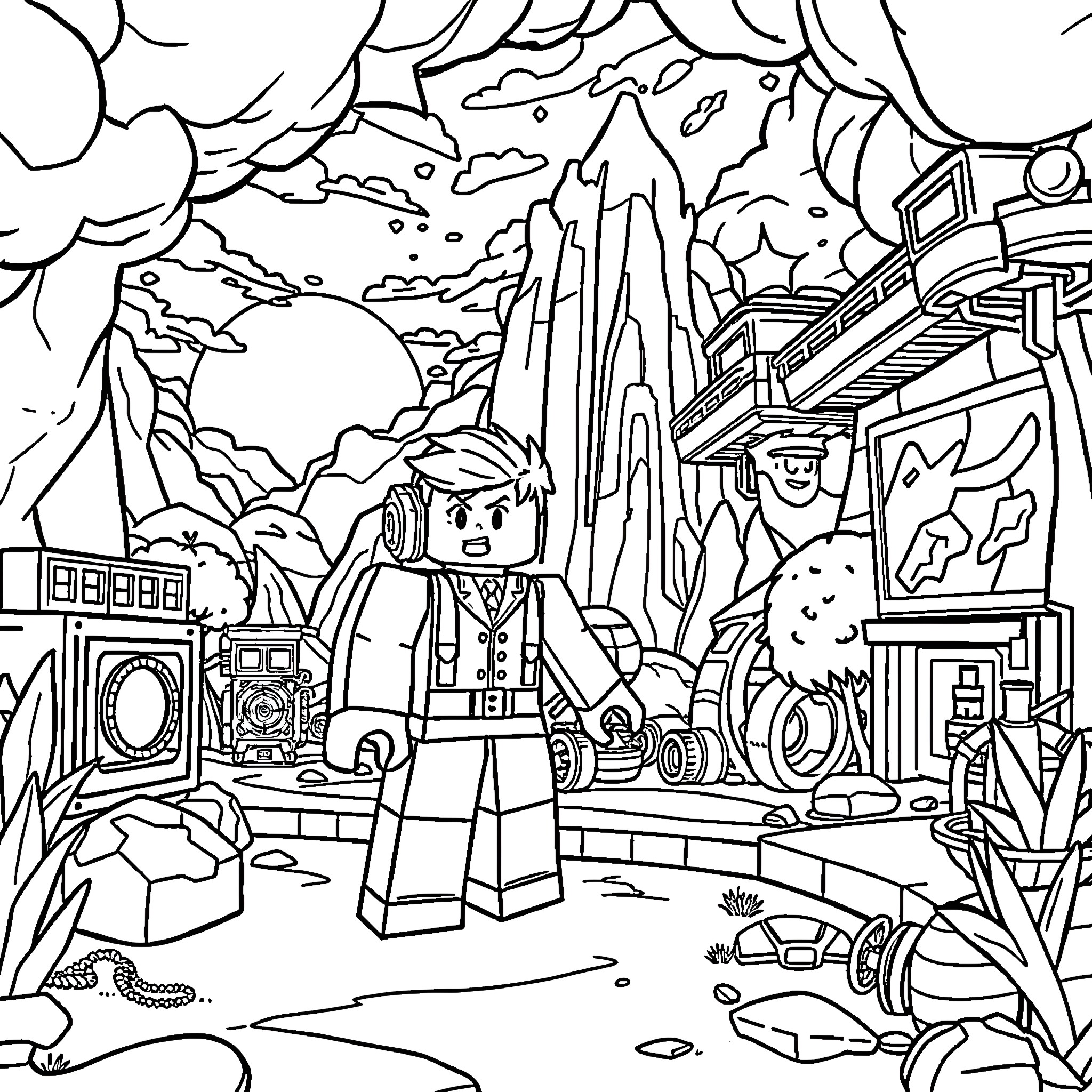 Roblox Adventure in Fantastical Landscape Coloring Page (free black-and-white line drawing printable PDF for all, from beginners to advanced learners, including children, teens, adults, and seniors)