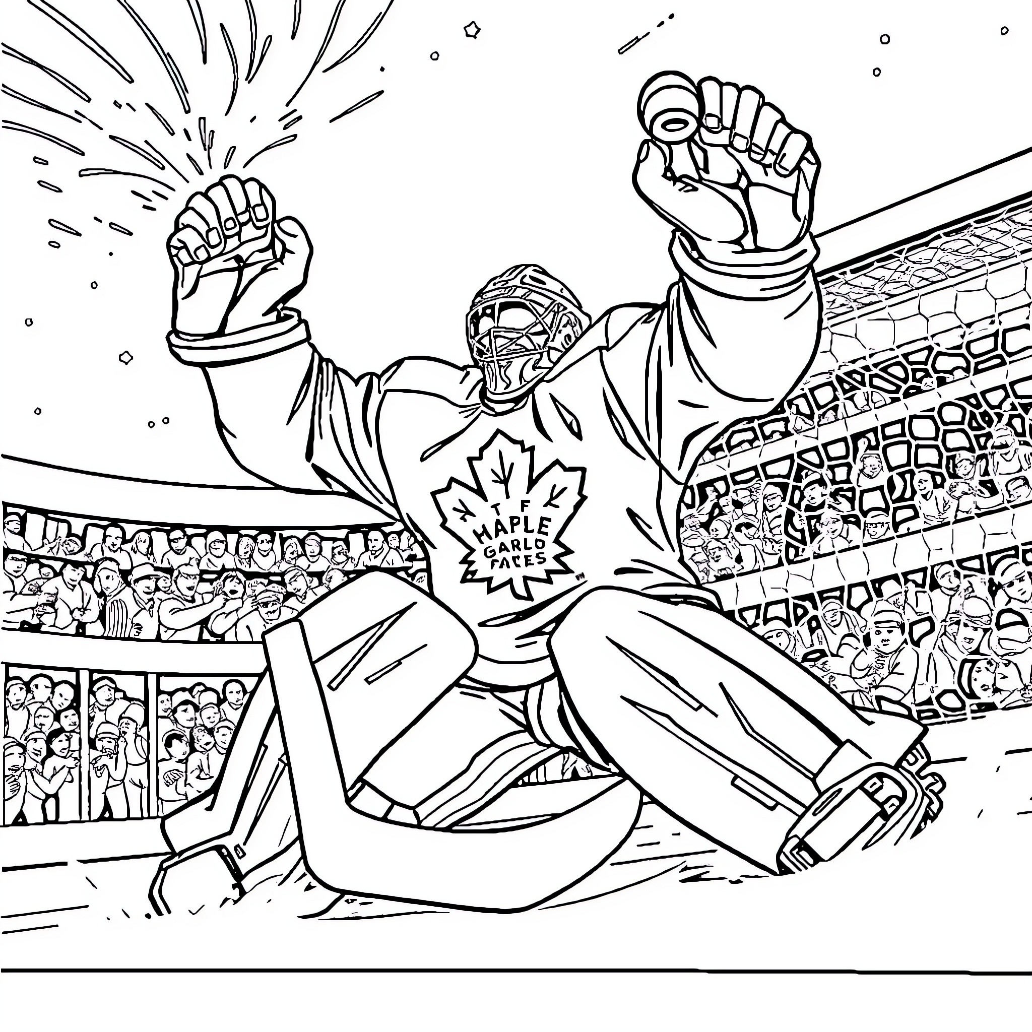 Goaltender's triumphant celebration on the ice Coloring Page (free black-and-white line drawing printable PDF for all, from beginners to advanced learners, including children, teens, adults, and seniors)