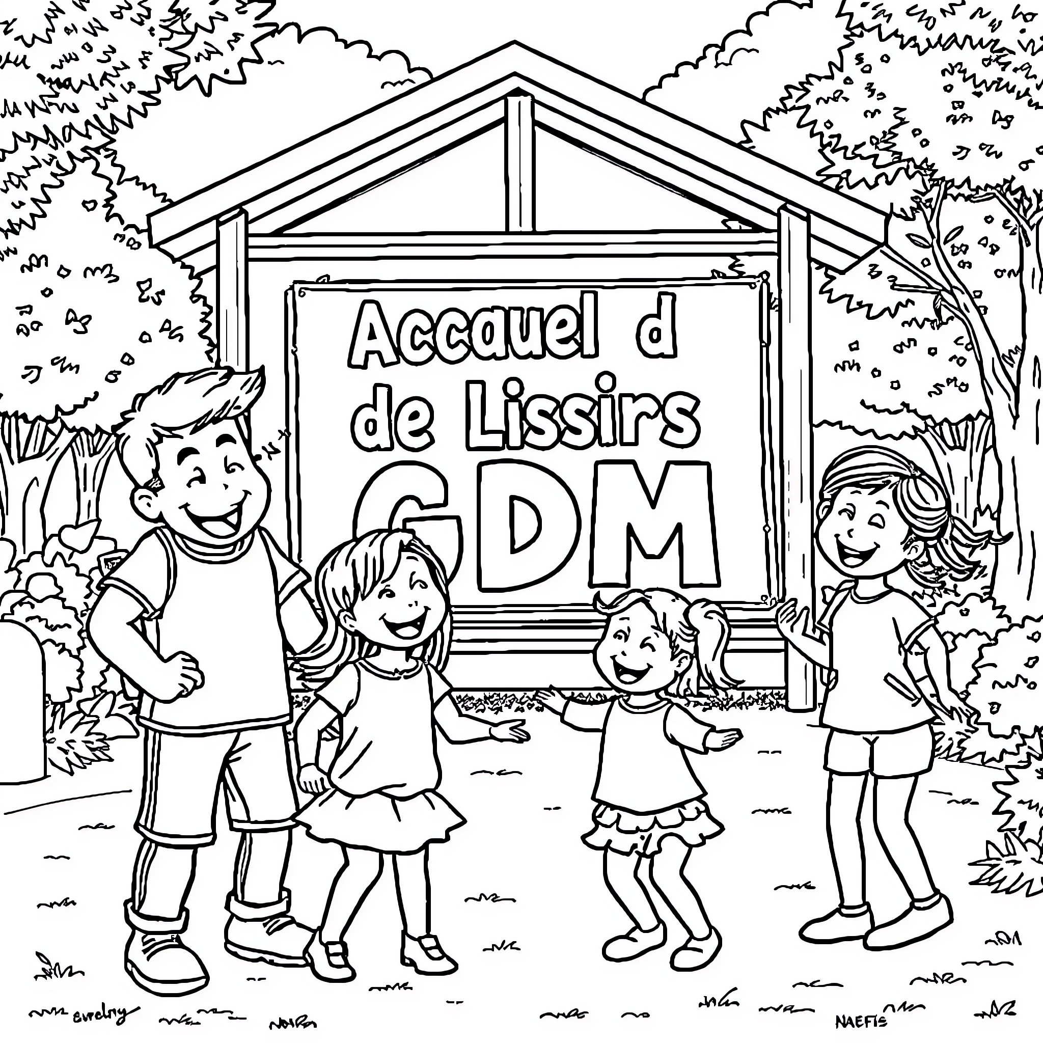 Animateur welcomes children to the activity center Coloring Page (free black-and-white line drawing printable PDF for all, from beginners to advanced learners, including children, teens, adults, and seniors)