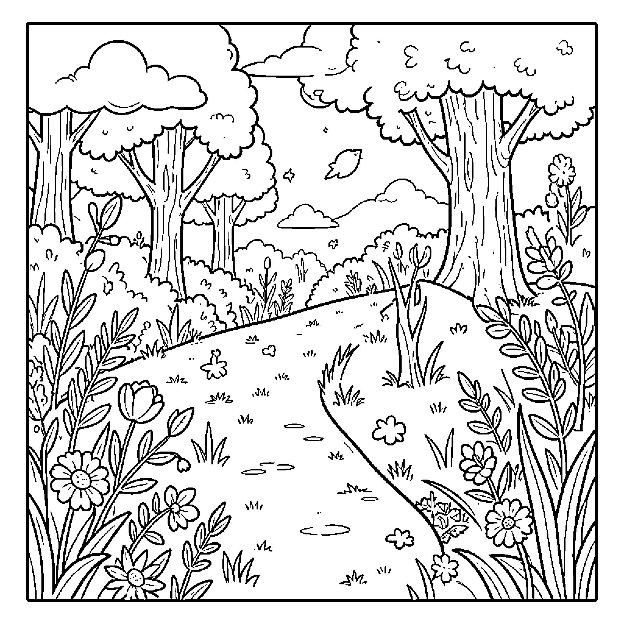 Effect of a winding path through a forest Coloring Page (free black-and-white line drawing printable PDF for all, from beginners to advanced learners, including children, teens, adults, and seniors)