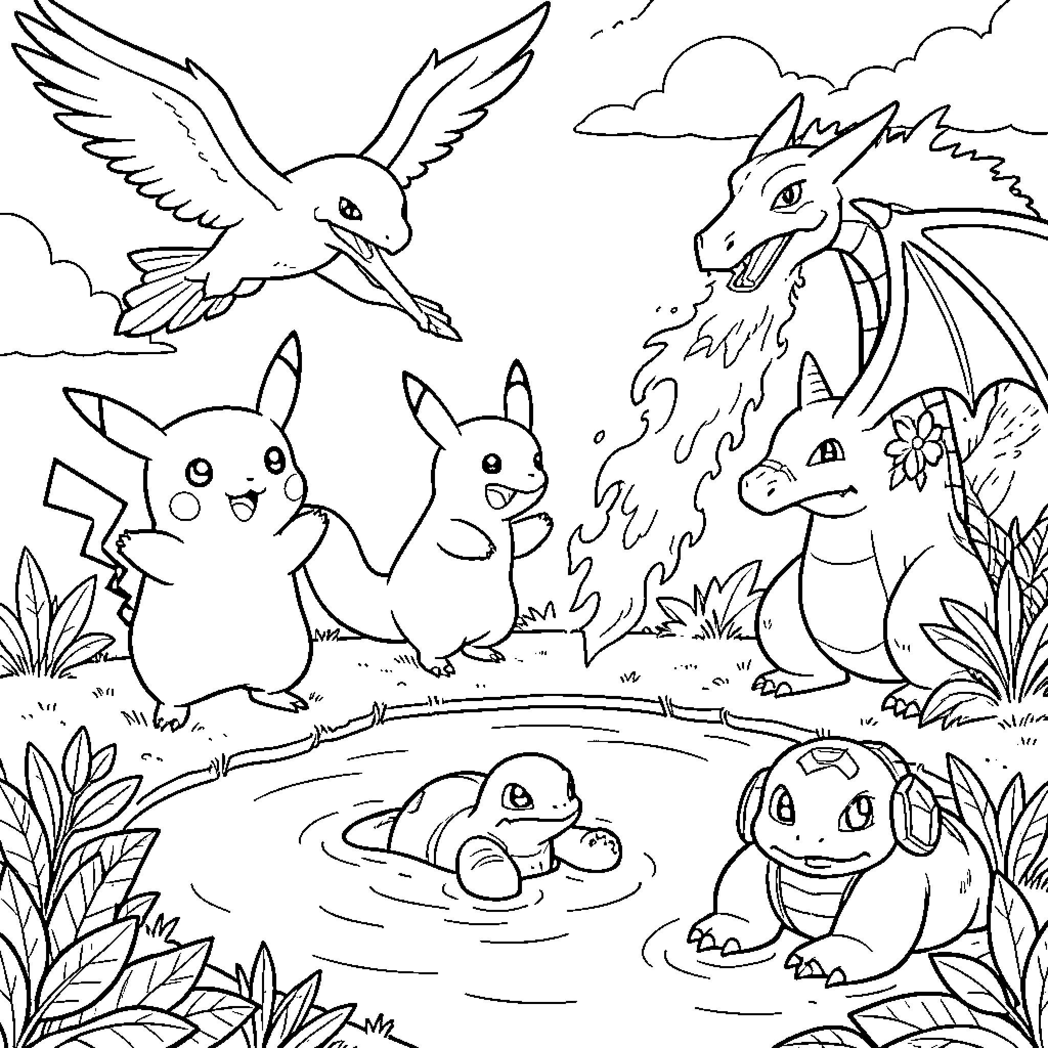 Pokémon playing together in a natural landscape Coloring Page (free black-and-white line drawing printable PDF for all, from beginners to advanced learners, including children, teens, adults, and seniors)