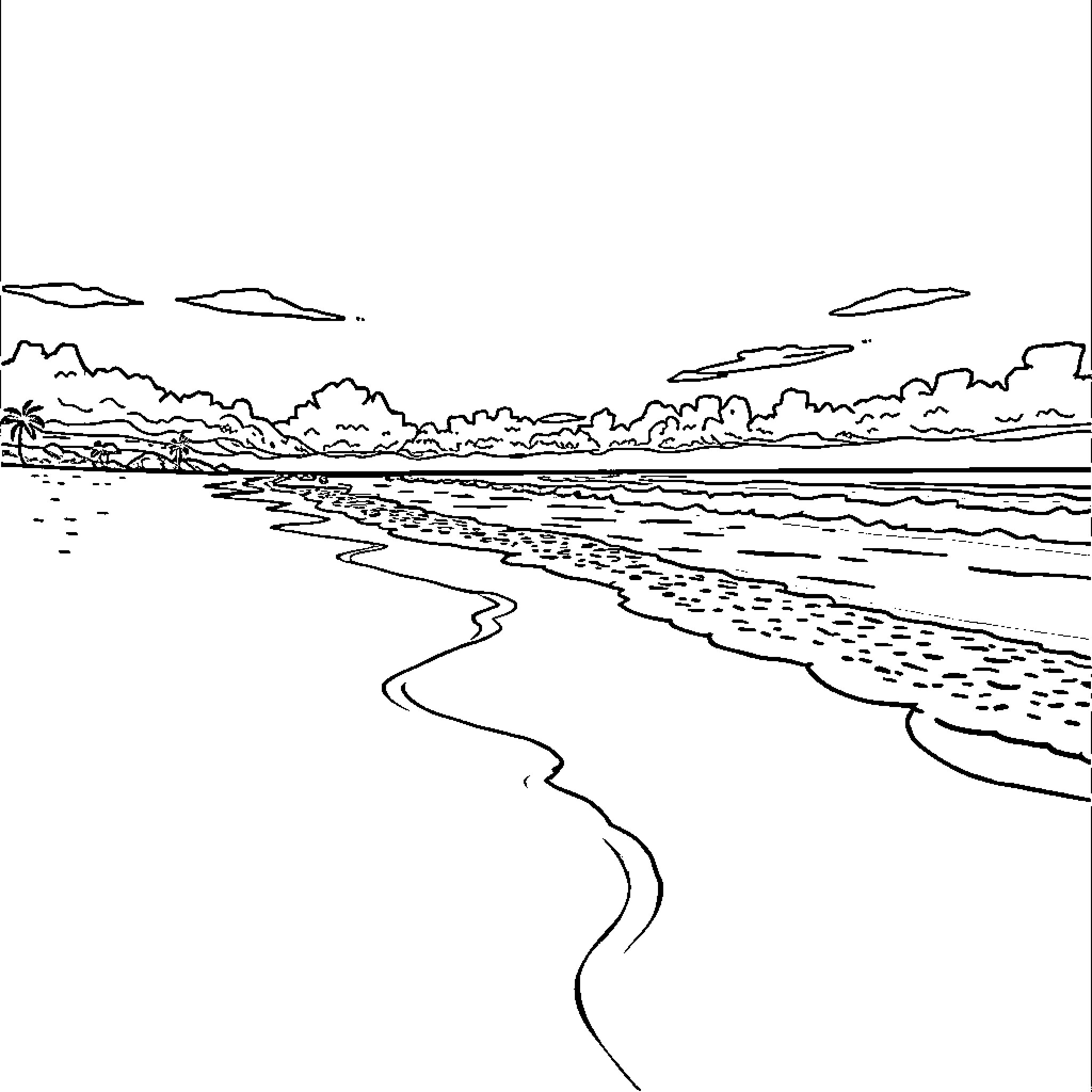 Beach with scenic landscape and footprints in the sand Coloring Page (free black-and-white line drawing printable PDF for all, from beginners to advanced learners, including children, teens, adults, and seniors)