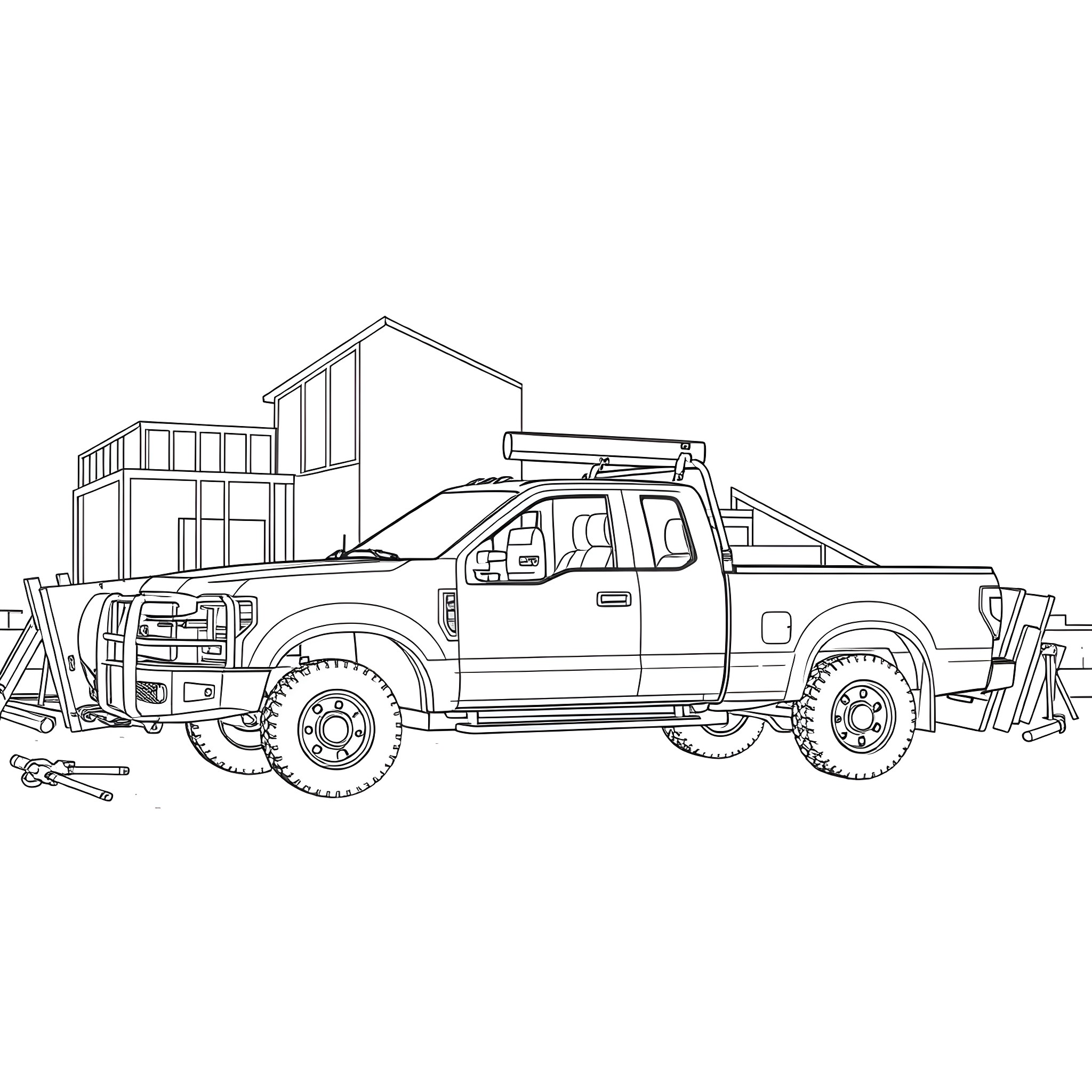 Pickup Truck with Construction Equipment on Jobsite Coloring Page (free black-and-white line drawing printable PDF for all, from beginners to advanced learners, including children, teens, adults, and seniors)