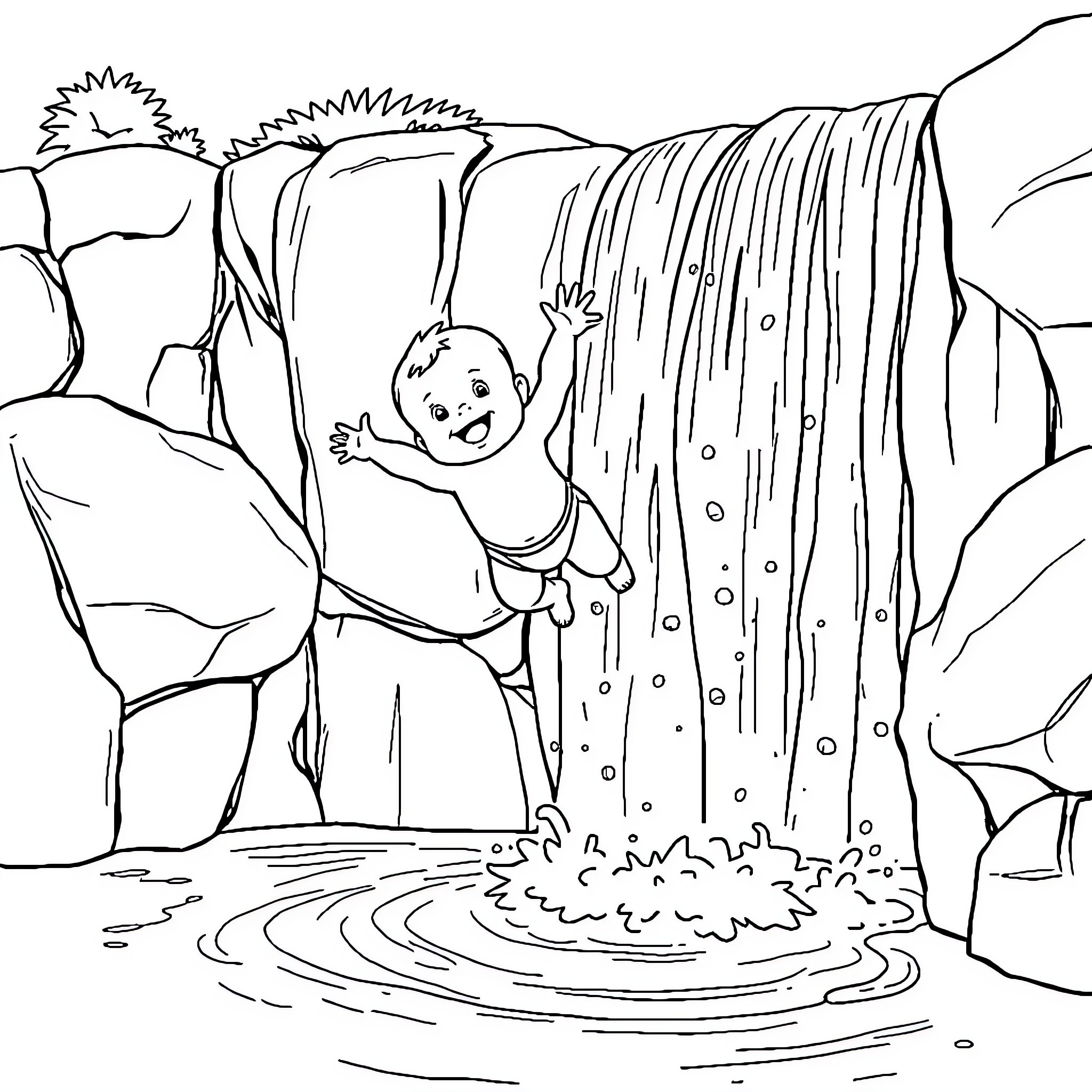 Baby playing happily under waterfall Coloring Page (free black-and-white line drawing printable PDF for all, from beginners to advanced learners, including children, teens, adults, and seniors)
