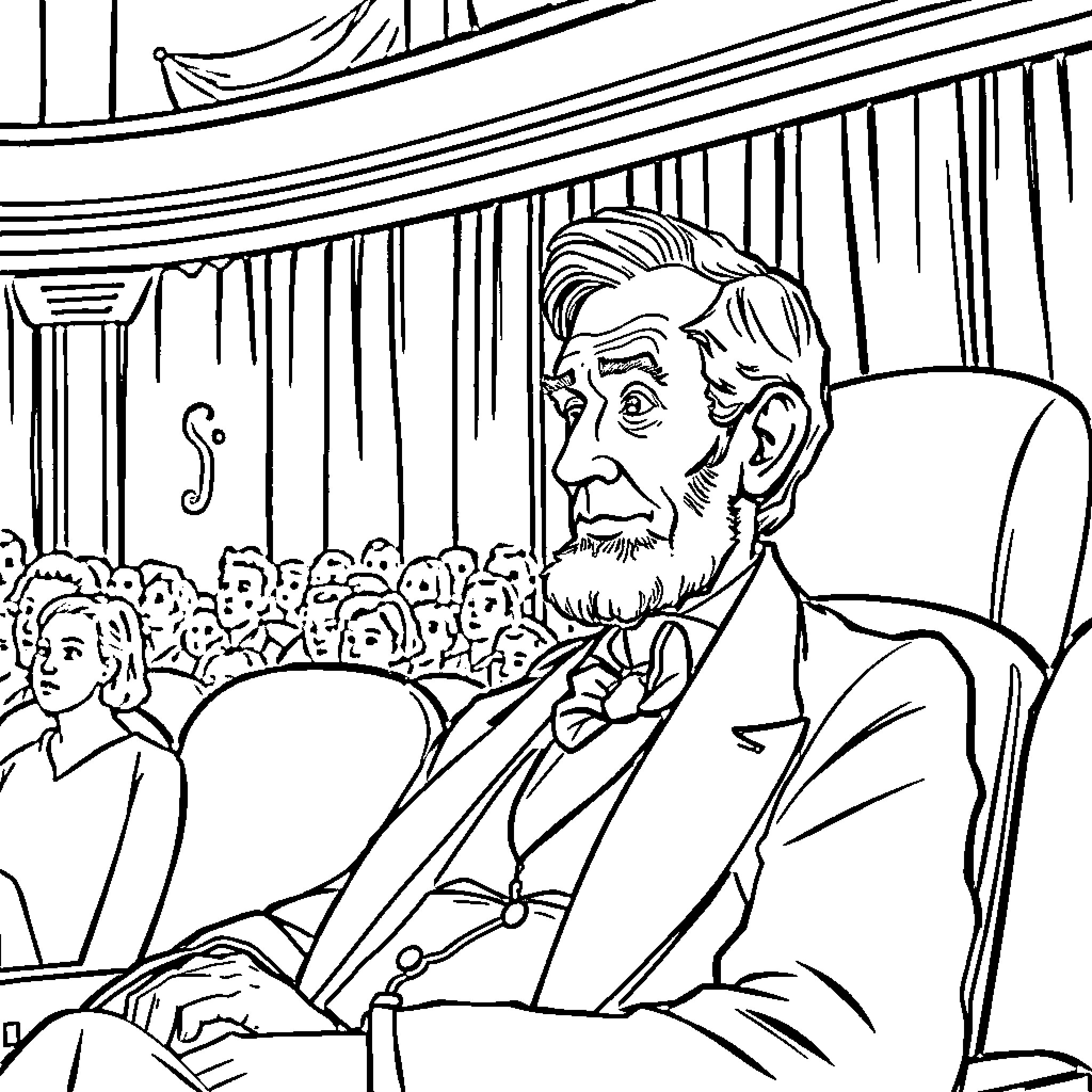 Abraham Lincoln Delivering Speech to Audience Coloring Page (free black-and-white line drawing printable PDF for all, from beginners to advanced learners, including children, teens, adults, and seniors)