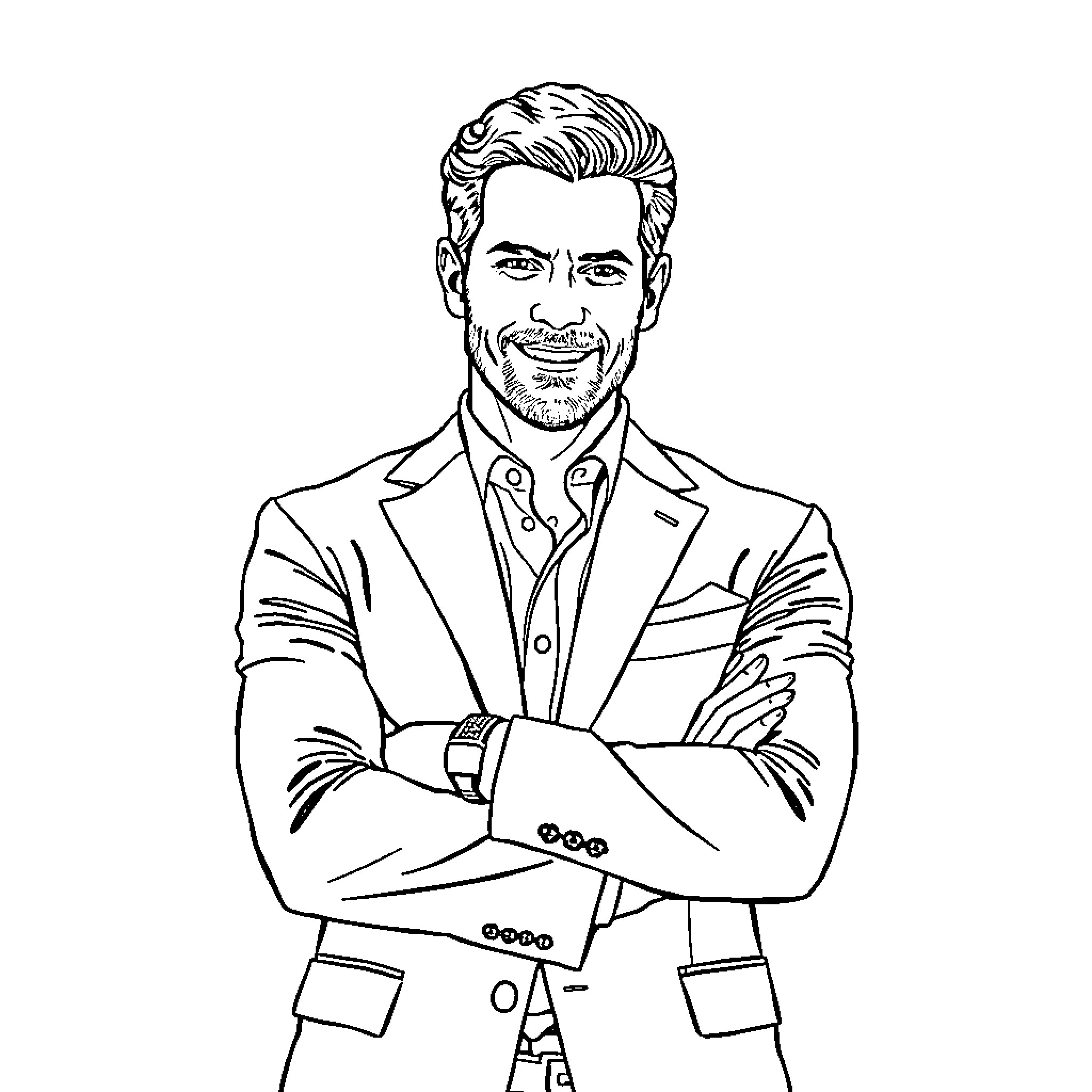 Henry Cavill in a confident and professional pose Coloring Page (free black-and-white line drawing printable PDF for all, from beginners to advanced learners, including children, teens, adults, and seniors)
