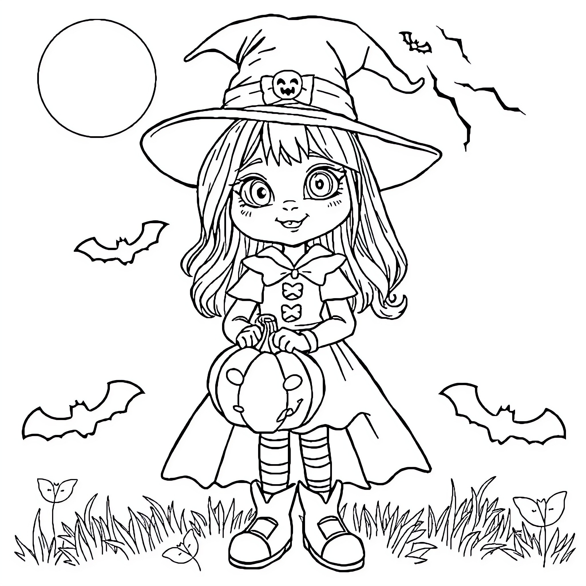 Halloween Girl Happily Trick-or-Treating in the Night Coloring Page (free black-and-white line drawing printable PDF for all, from beginners to advanced learners, including children, teens, adults, and seniors)