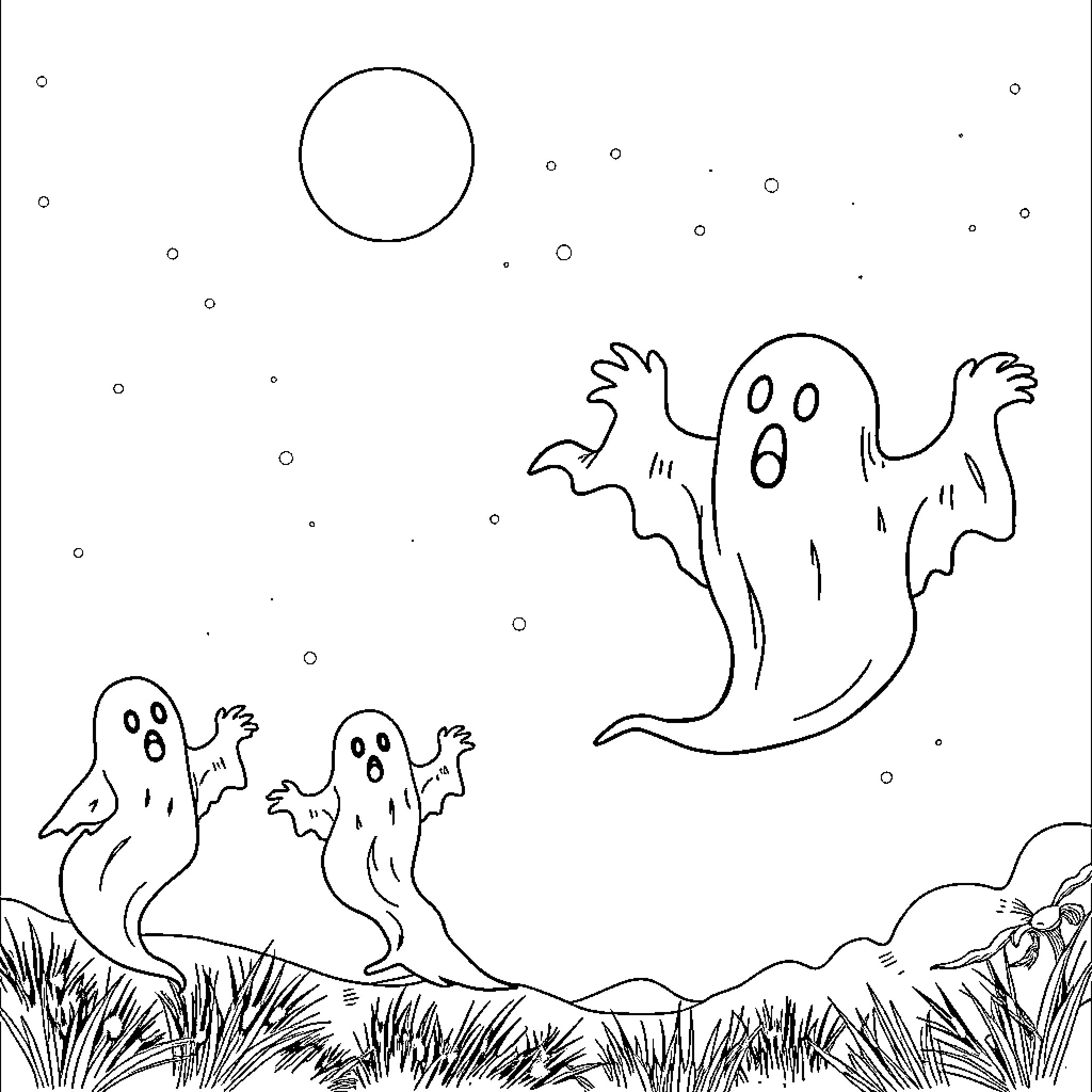 Ghost Figures Frolicking in the Moonlight Coloring Page (free black-and-white line drawing printable PDF for all, from beginners to advanced learners, including children, teens, adults, and seniors)