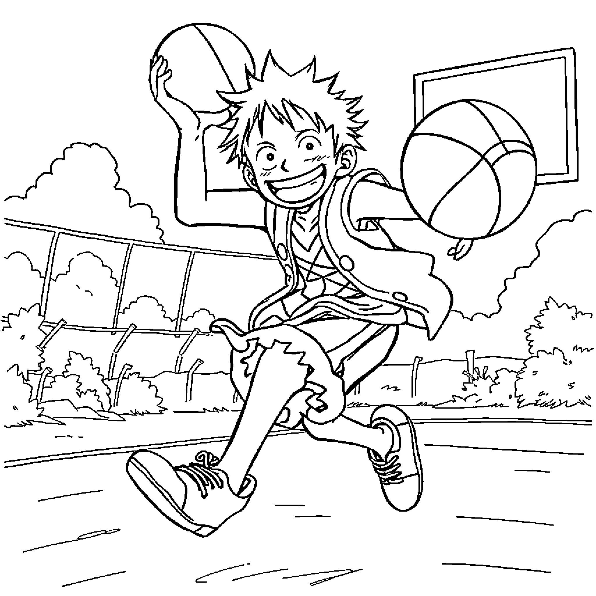 Luffy Playing Basketball with Enthusiasm Coloring Page (free black-and-white line drawing printable PDF for all, from beginners to advanced learners, including children, teens, adults, and seniors)