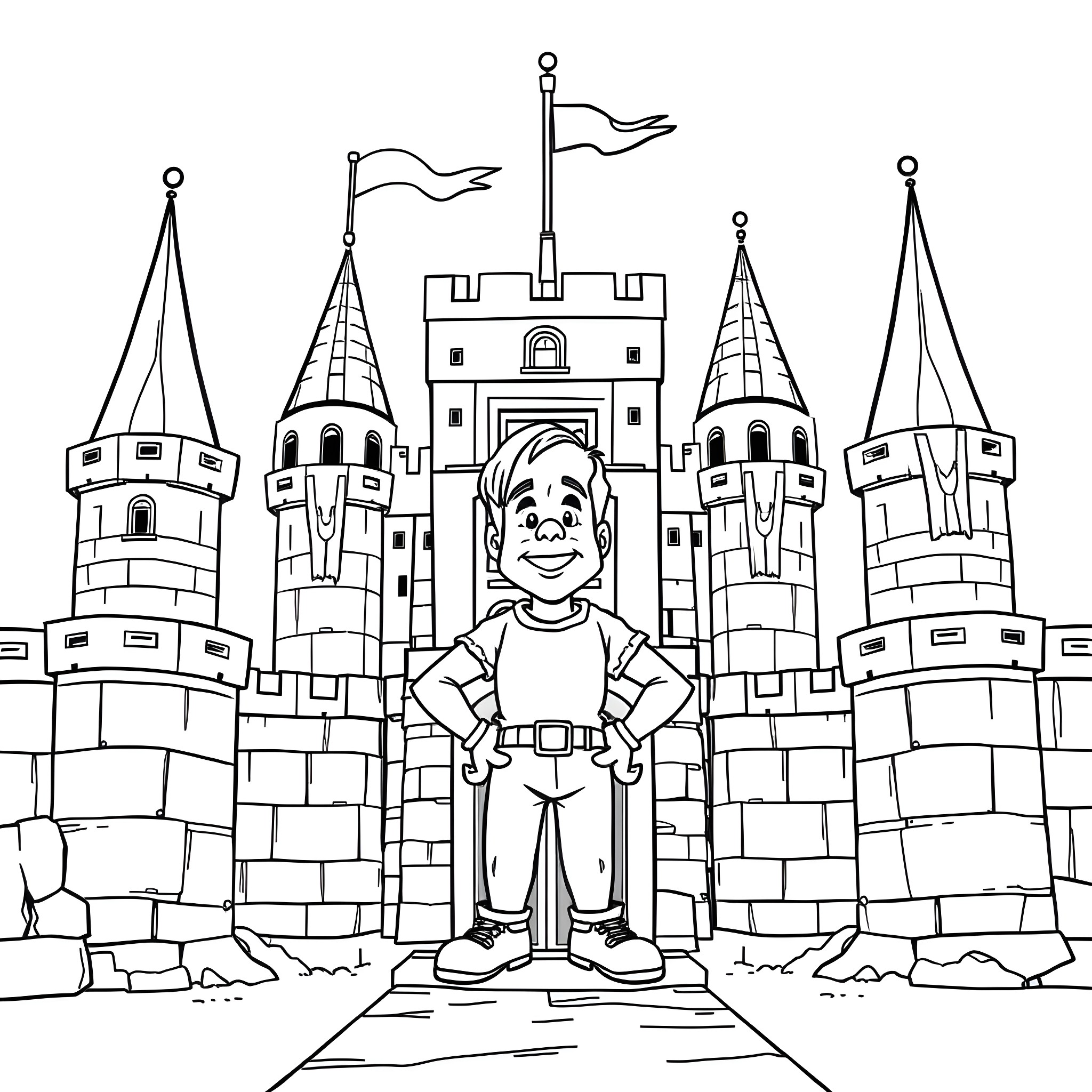 Dennis in front of the magical castle Coloring Page (free black-and-white line drawing printable PDF for all, from beginners to advanced learners, including children, teens, adults, and seniors)