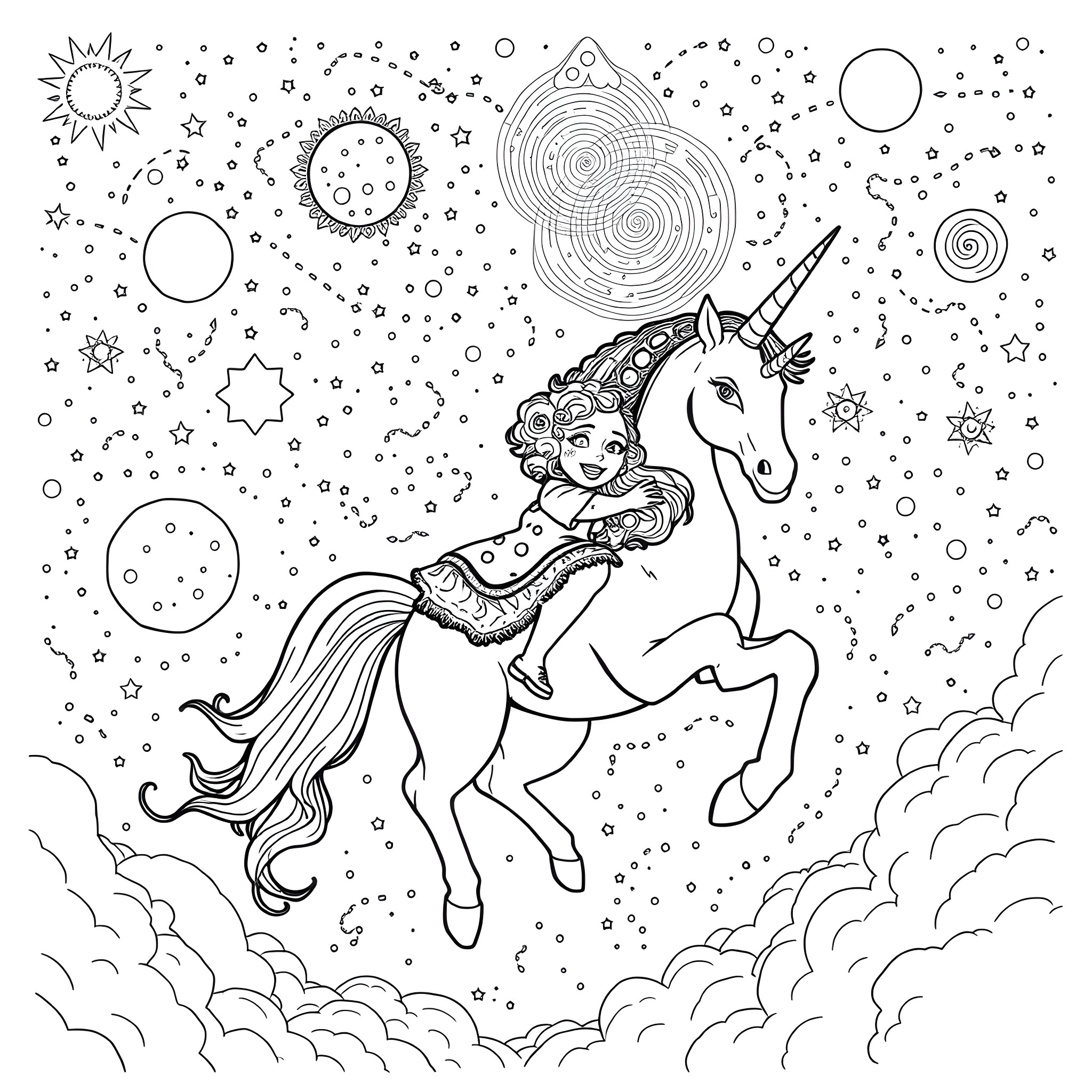 Moana riding a magical unicorn in a starry night sky Coloring Page (free black-and-white line drawing printable PDF for all, from beginners to advanced learners, including children, teens, adults, and seniors)