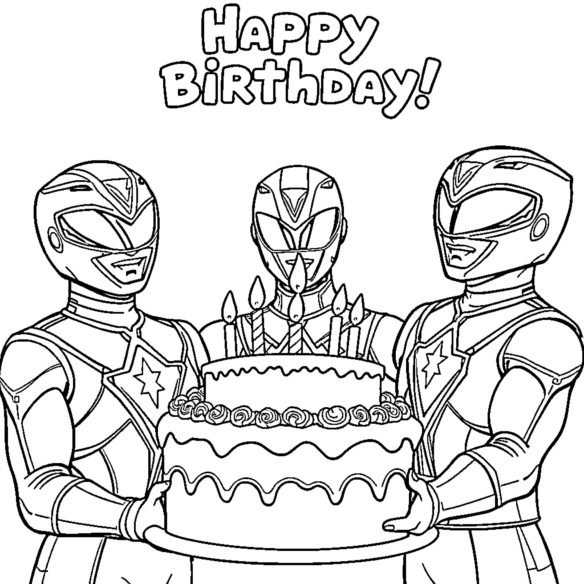 Power Rangers Celebrating Happy Birthday Coloring Page (free black-and-white line drawing printable PDF for all, from beginners to advanced learners, including children, teens, adults, and seniors)