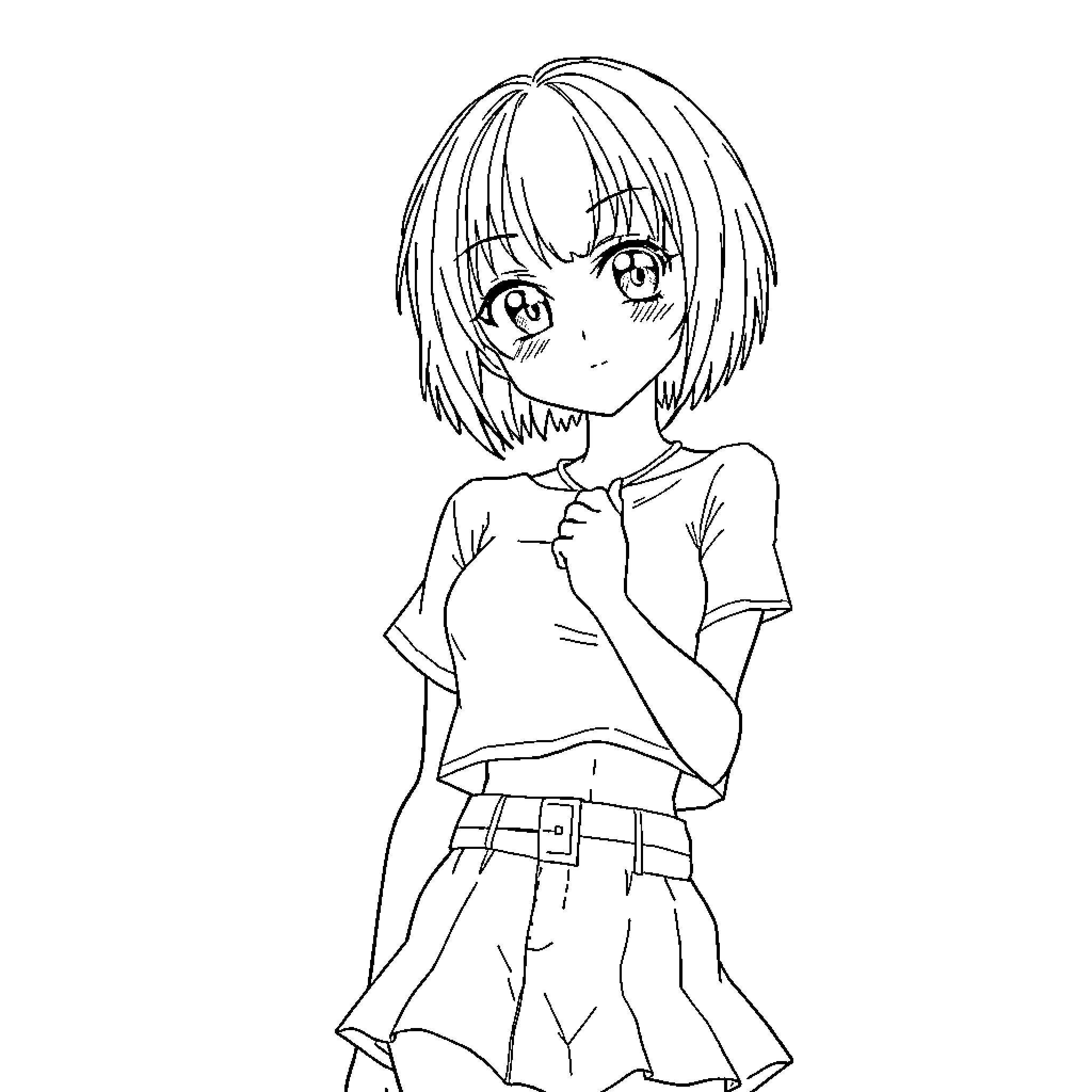 Anime Girl with Inquisitive Expression Coloring Page (free black-and-white line drawing printable PDF for all, from beginners to advanced learners, including children, teens, adults, and seniors)