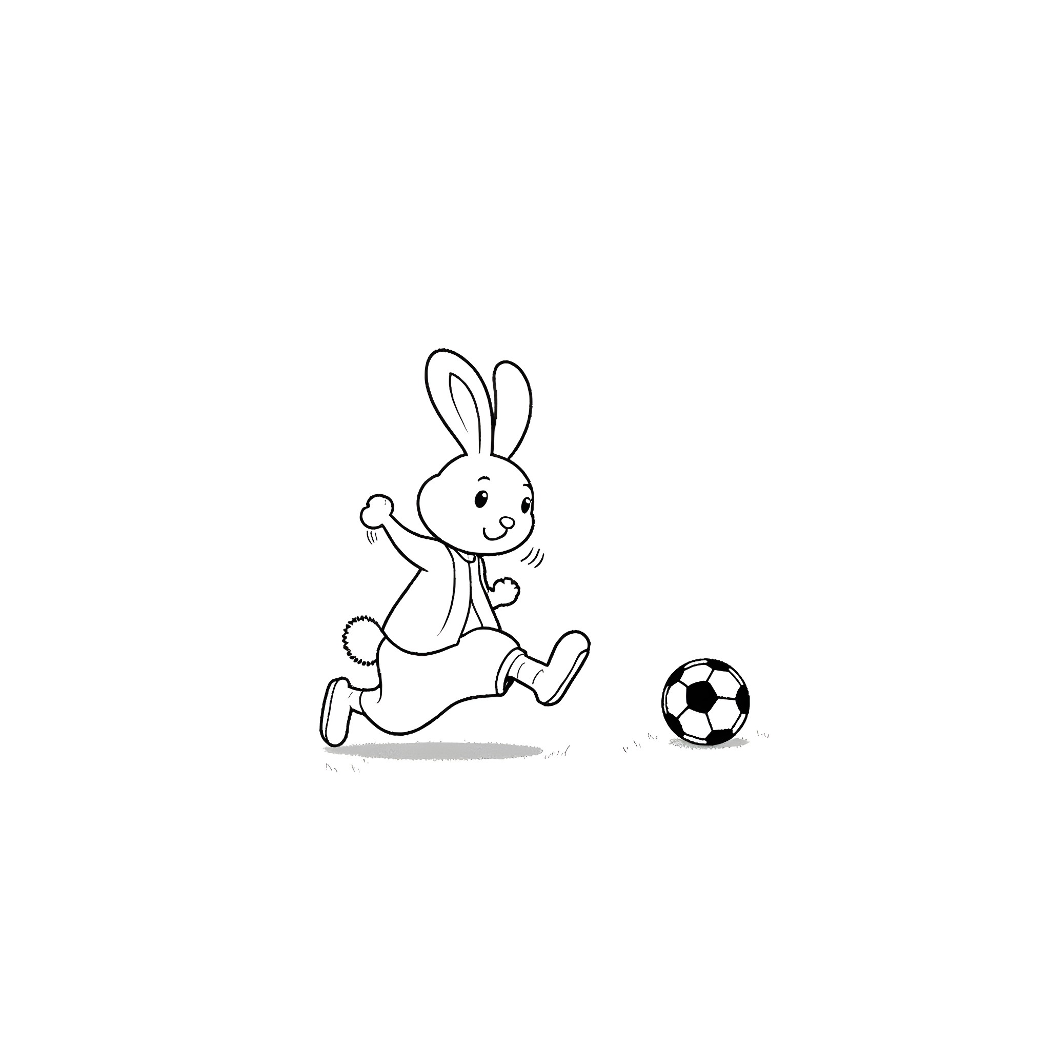 Rabbit playing happily with soccer ball Coloring Page (free black-and-white line drawing printable PDF for all, from beginners to advanced learners, including children, teens, adults, and seniors)