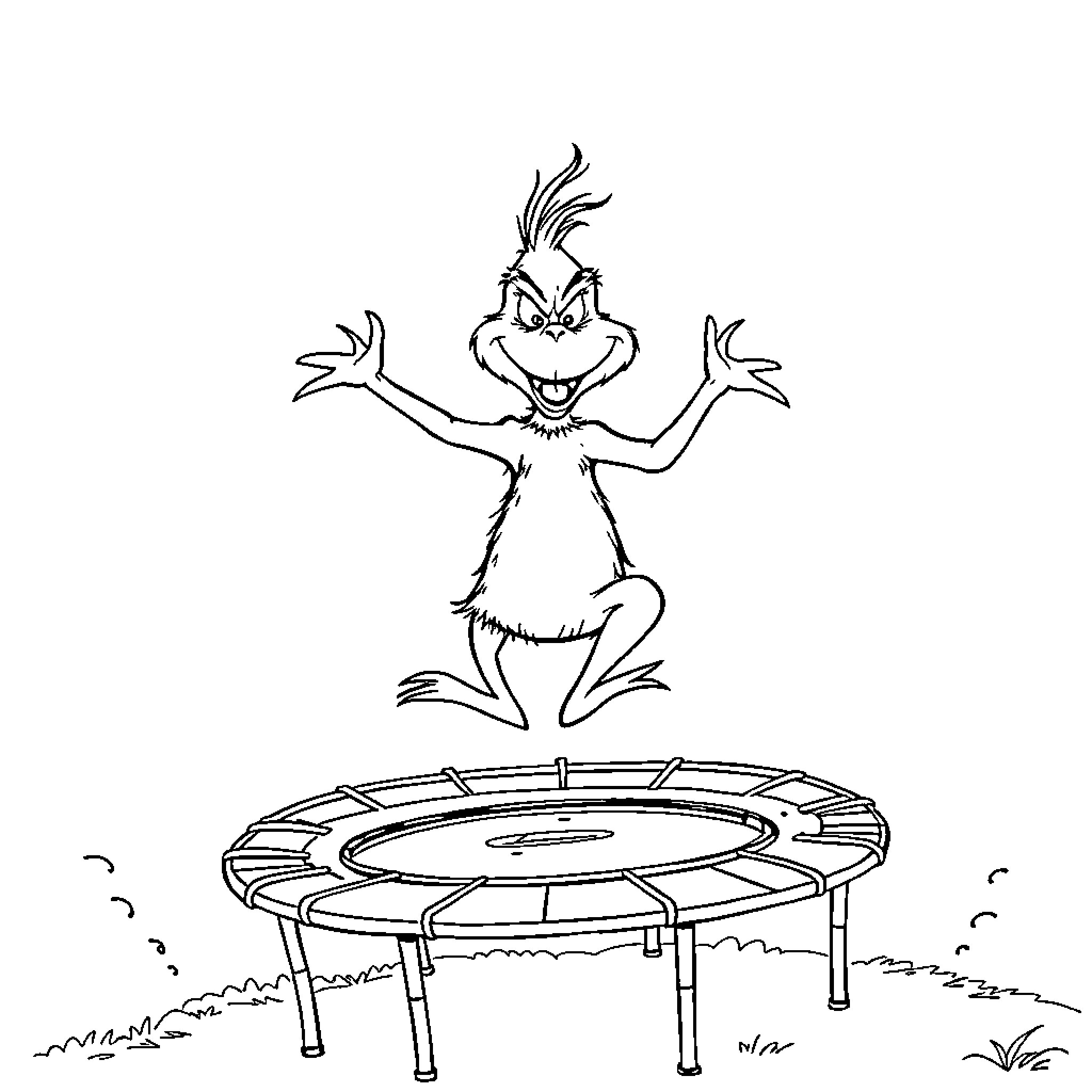 Grinch jumping joyfully on trampoline Coloring Page (free black-and-white line drawing printable PDF for all, from beginners to advanced learners, including children, teens, adults, and seniors)