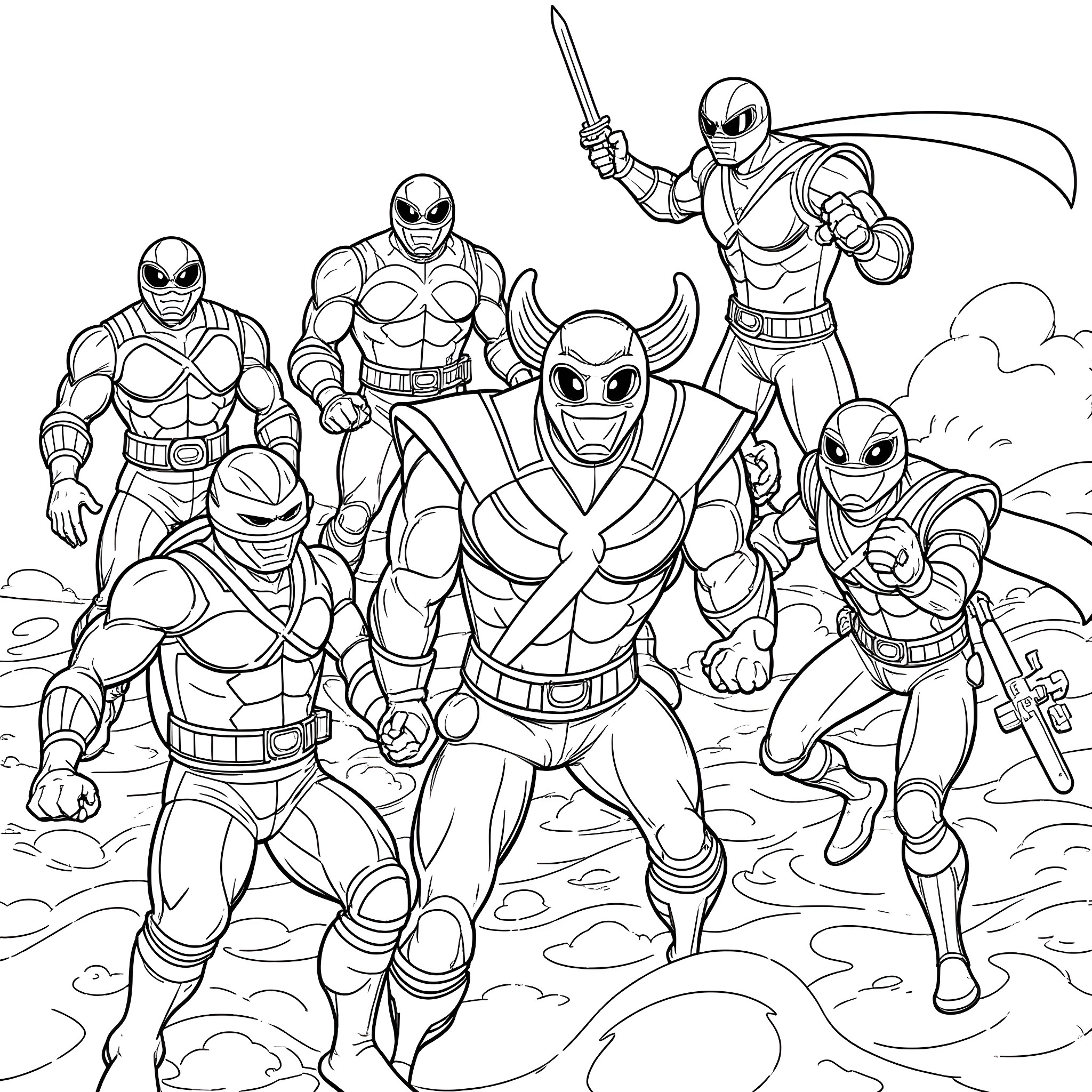 Hero Warriors in Epic Battle Pose Coloring Page (free black-and-white line drawing printable PDF for all, from beginners to advanced learners, including children, teens, adults, and seniors)