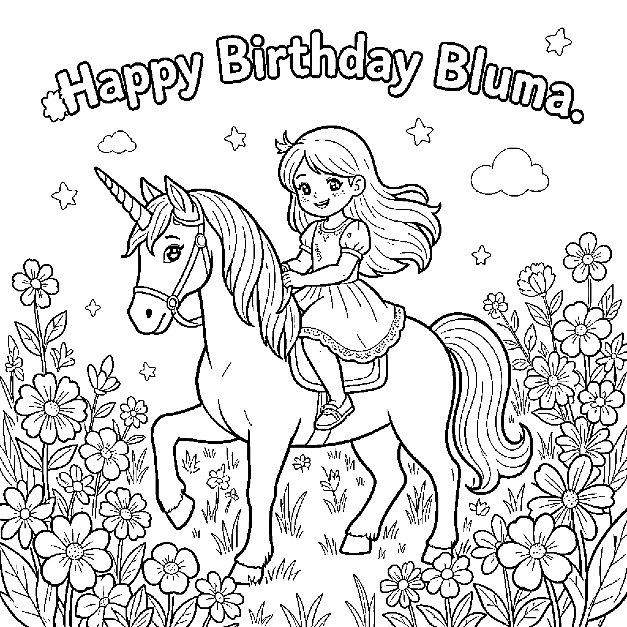 Unicorn carrying a happy girl through a flower field Coloring Page (free black-and-white line drawing printable PDF for all, from beginners to advanced learners, including children, teens, adults, and seniors)