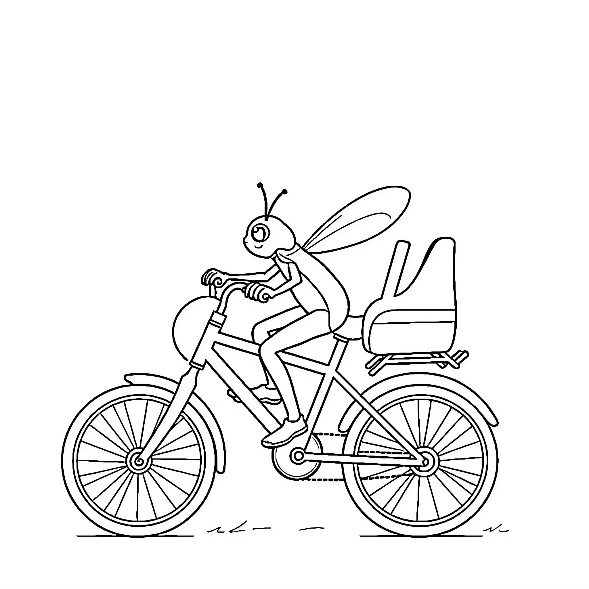 Cicada riding a bicycle on a journey Coloring Page (free black-and-white line drawing printable PDF for all, from beginners to advanced learners, including children, teens, adults, and seniors)