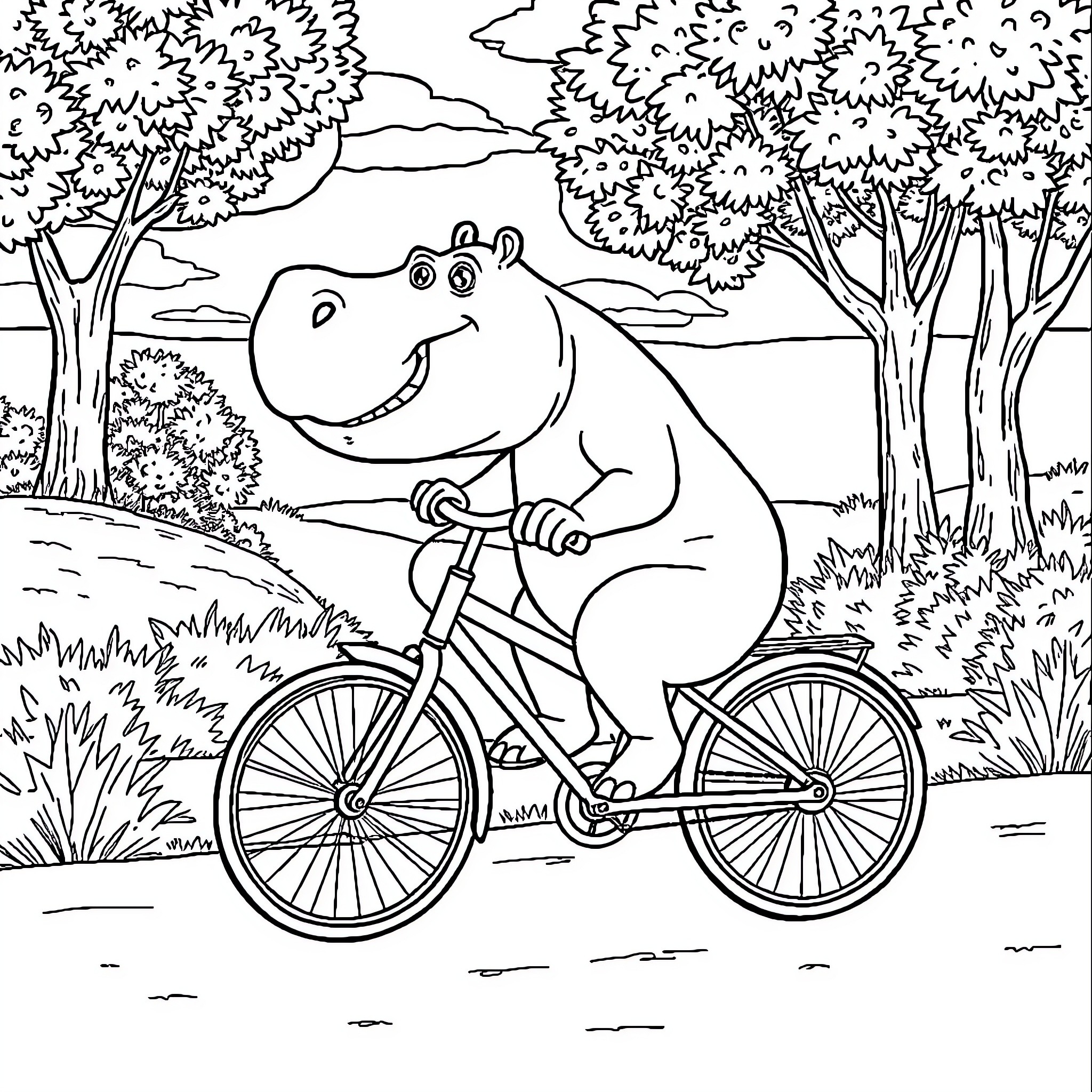 Hippo riding a bicycle in the forest Coloring Page (free black-and-white line drawing printable PDF for all, from beginners to advanced learners, including children, teens, adults, and seniors)