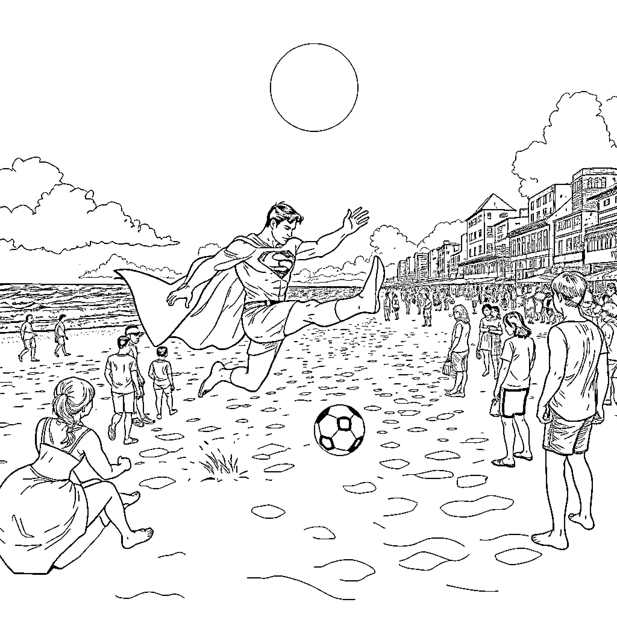Superman saving the day in a crowded beachfront scene Coloring Page (free black-and-white line drawing printable PDF for all, from beginners to advanced learners, including children, teens, adults, and seniors)